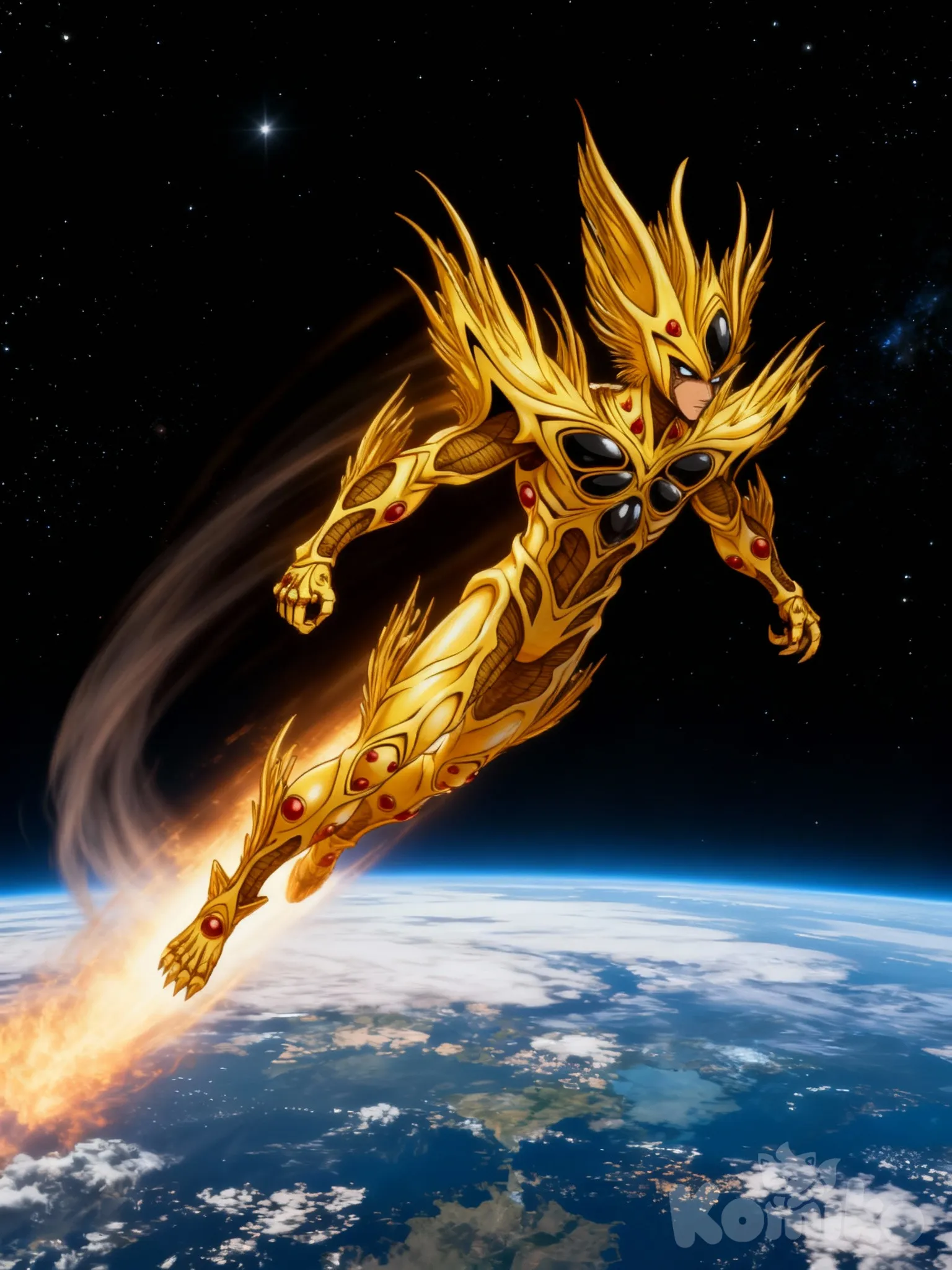 @alkanphel-BhT7 alkanphel vuela hacia el espacio atravesando la atmosfera su cuerpo genera friccion en una estela mientras se ve de fondo la tierra , se dirije al espacio en una pose de vuelo dinamica