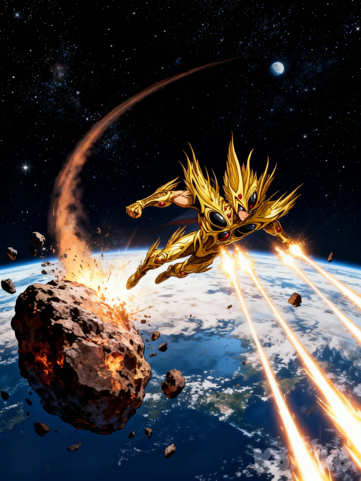@alkanphel-BhT7 alkanphel vuela hacia el espacio atravesando la atmosfera su cuerpo genera friccion en una estela mientras se ve de fondo la tierra , se dirije al espacio en una pose de vuelo dinamica se eleva rápidamente hacia el cielo, acelera para salir de la atmósfera y entrar al espacio exterior. Mientras vuela, atraviesa las nubes y la barrera atmosférica con gran velocidad. Una vez en el espacio, se dirige hacia un gran meteoro, lo destruye con un impacto poderoso, y luego dispara múltiples ráfagas de energía para pulverizar los fragmentos resultantes, creando un espectáculo de luces visibles desde el planeta abajo. Enfócate en el movimiento dinámico, la trayectoria de vuelo y las explosiones energéticas, en un estilo épico de anime con fondo estrellado y el planeta visible en la distancia.