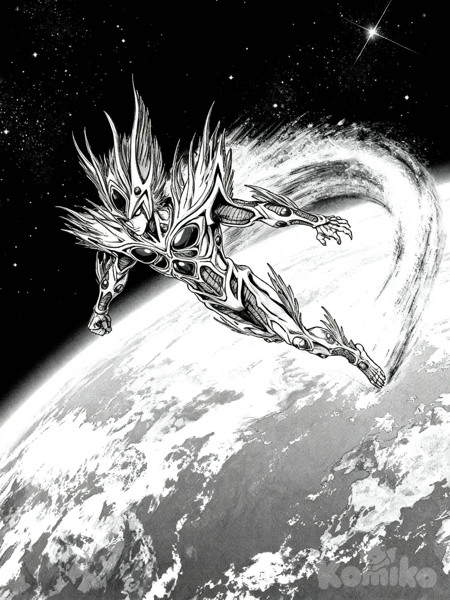 @alkanphel-BhT7 alkanphel vuela hacia el espacio atravesando la atmosfera su cuerpo genera friccion en una estela mientras se ve de fondo la tierra , se dirije al espacio en una pose de vuelo dinamica se eleva rápidamente hacia el cielo, acelera para salir de la atmósfera y entrar al espacio exterior. Mientras vuela, atraviesa las nubes y la barrera atmosférica con gran velocidad. Enfócate en el movimiento dinámico, la trayectoria de vuelo y las explosiones energéticas, en un estilo épico de anime con fondo estrellado y el planeta visible en la distancia., [action-manga-style] blanco y negro