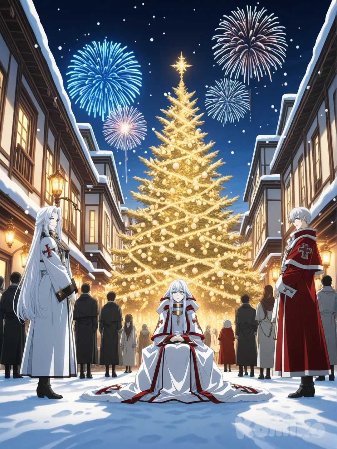 [retro-anime-style] "A highly anime-style illustration of Archanfel (Alkanphel) from Bio-Booster Armor Guyver, a powerful supreme Zoalord with long flowing white hair, blue eyes, youthful handsome face appearing in his mid-20s, elegant and ethereal presence, wearing a flowing white robe or cloak, sitting calmly and contemplatively on the snowy ground next to a beautifully decorated Christmas tree adorned with colorful lights, ornaments, and tinsel in a serene snowy landscape at night. Beside him on the snow lies a large red sack full of toys spilling out slightly. In the background, a small cozy village celebrating Christmas with warm glowing lights from houses, people gathering, fireworks or lanterns in the sky, snow falling gently, creating a magical and peaceful holiday atmosphere. Soft moonlight, festive warm lights contrasting with cool blue snow tones, cinematic composition, high detail, intricate, quality."