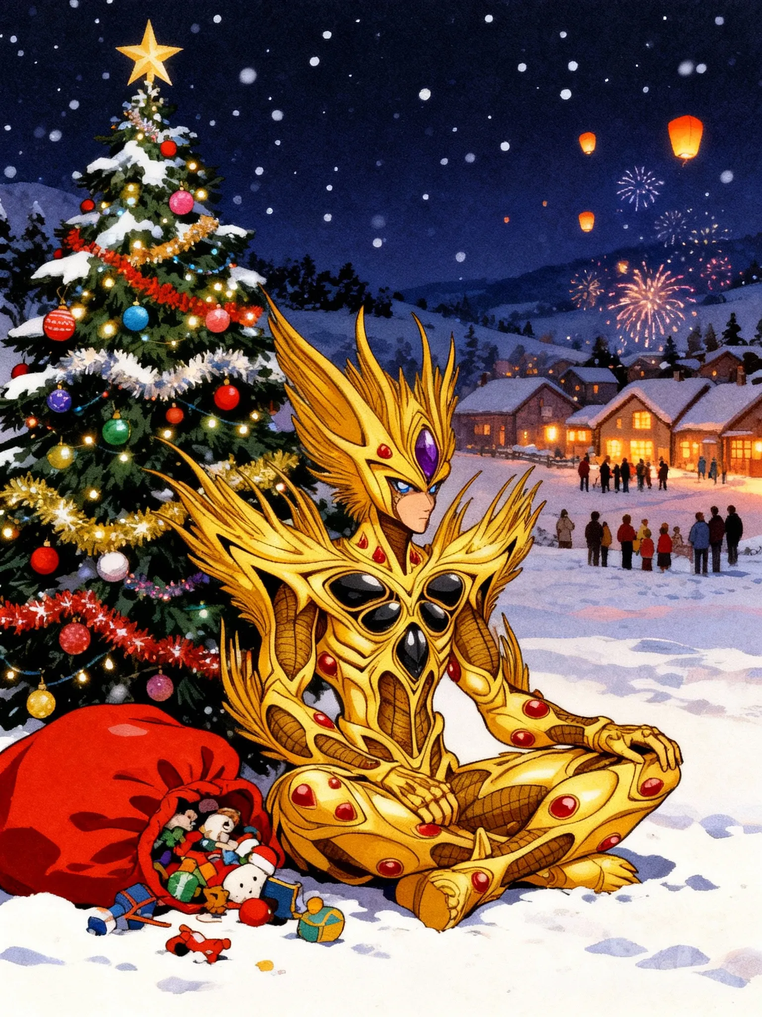 @alkanphel-BhT7 [retro-anime-style] "A highly anime-style illustration of Archanfel (Alkanphel) from Bio-Booster Armor Guyver, the powerful supreme Zoalord in his golden battleform armor: an intricate, organic golden bio-armor with elaborate spiky feather-like protrusions on the shoulders and head resembling a majestic phoenix or avian wings, sharp blade-like extensions, embedded red gem-like crystals across the chest, arms, and legs, black accents on the torso and joints, a prominent large purple Zoacrystal on the forehead glowing intensely, blue eyes visible through the helmet, youthful handsome face with an elegant and ethereal presence, long flowing elements integrated into the armor design. He sits calmly and contemplatively on the snowy ground next to a beautifully decorated Christmas tree adorned with colorful lights, ornaments, and tinsel in a serene snowy landscape at night. Beside him on the snow lies a large red sack full of toys spilling out slightly. In the background, a small cozy village celebrating Christmas with warm glowing lights from houses, people gathering, fireworks or lanterns in the sky, snow falling gently, creating a magical and peaceful holiday atmosphere. Soft moonlight illuminating the golden armor, festive warm lights contrasting with cool blue snow tones, cinematic composition, high detail, intricate, quality."
