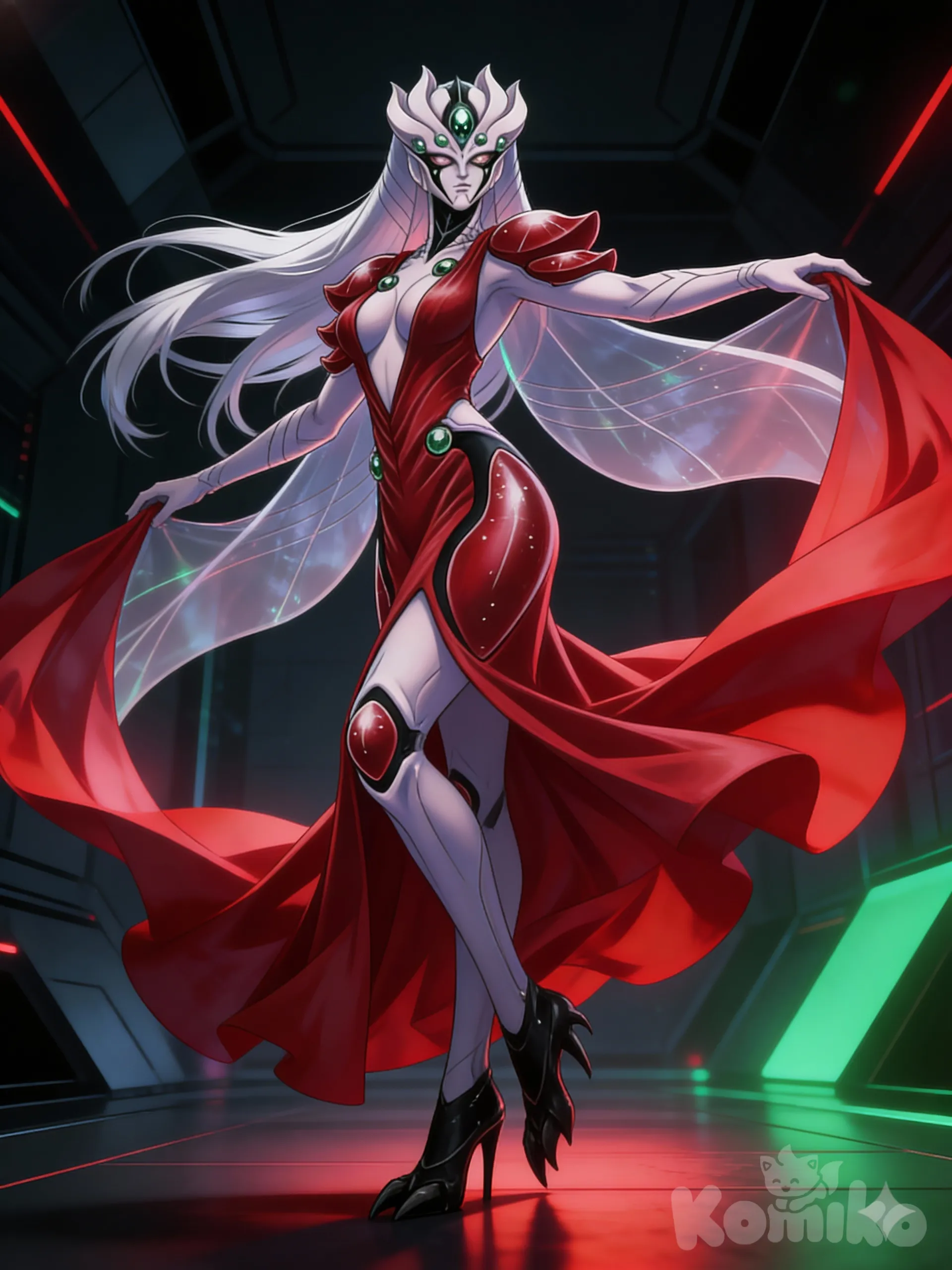 "Elegant majestic alien woman dancing gracefully in a dark futuristic hall, pale white skin with subtle metallic sheen, long flowing silver-white hair in motion, organic crown with wing-like shapes and green gem on forehead, intense green eyes with black makeup, tight red dress with deep cleavage and circular green gems on chest and hips, red shoulder armor, long flowing red skirt billowing dynamically from dance movement, translucent membrane wings on back, clawed black feet with high heels, elegant fluid dance pose with arms extended and fabric waving, serene confident expression, dramatic lighting with soft red and green glows, dark geometric futuristic background, highly anime style, concept art, clean rendering, perfect proportions, dynamic and graceful"