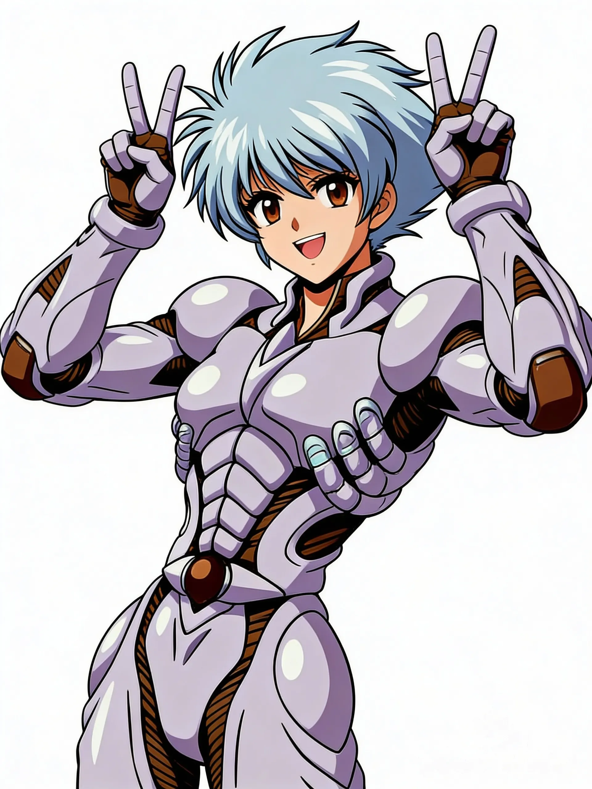 @iczeker-3-Gbmy"Un personaje anime femenino llamado Iczer-3, de la serie Adventure! Iczer-3, con cabello corto plateado puntiagudo y desordenado, ojos grandes y expresivos de color ámbar o marrón claro, rostro joven y determinado. Viste un traje de batalla orgánico ajustado de color lila pálido con tonos morados, armadura biomecánica brillante con placas redondeadas en hombros, pecho, brazos y piernas, líneas negras en las articulaciones, gemas o núcleos rojos en el pecho y brazos, y una cola o apéndice puntiagudo en la espalda baja.
Ella realiza la pose de victoria clásica de Chun-Li de Street Fighter II Turbo: salta alto en el aire con alegría, ríe felizmente con los ojos cerrados y una gran sonrisa, luego aterriza y hace el signo de la paz 'V' con ambas manos levantadas a los lados de la cabeza, diciendo 'Yatta!' o '¡Lo hice!' con expresión triunfante y cute.
Estilo anime de los 90s, arte detallado de character design sheet como en model sheets de OVA, iluminación dramática, fondo neutro o arena de combate, alta resolución, animación frame by frame o secuencia dinámica de victoria en estilo retro fighting game pixel art mezclado con anime."
Si quieres una versión más corta o enfocada solo en una imagen estática (la pose final):
"Iczer-3 de Adventure! Iczer-3, cabello plateado corto y puntiagudo, ojos ámbar, traje de armadura lila biomecánica ajustado y brillante con detalles negros y rojos, posando en victoria como Chun-Li de Street Fighter II: de pie sonriente, haciendo signo de paz con ambas manos en 'V' a los lados de la cabeza, expresión alegre y triunfante, estilo anime 90s detallado."