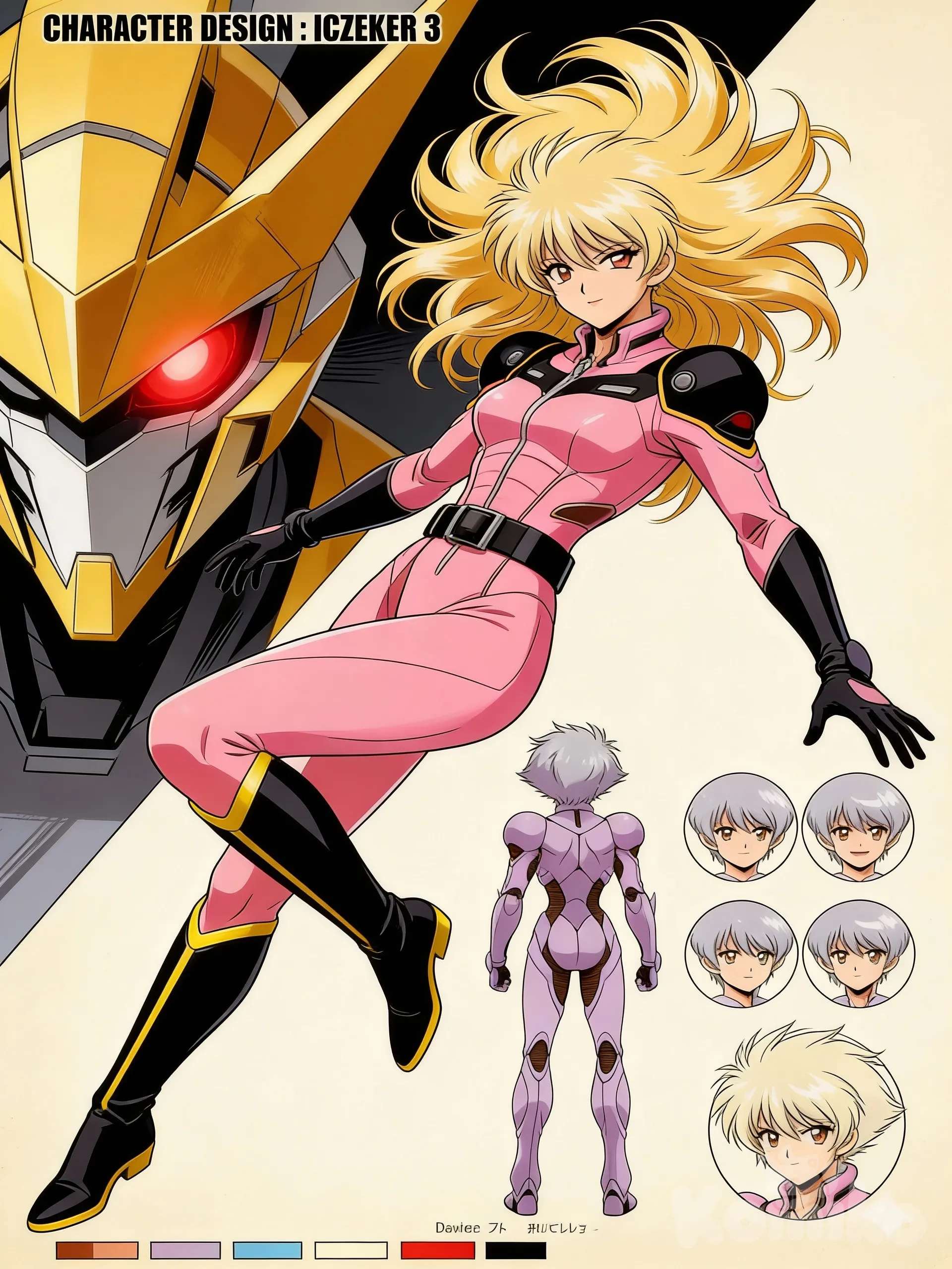 [action-manga-style] "Personaje femenino de anime estilo años 80-90, cabello largo rubio dorado muy voluminoso y ondulado que flota dramáticamente hacia arriba como si estuviera en movimiento o en gravedad cero, mechones curvados y puntiagudos, ojos entrecerrados con expresión confiada y ligeramente desafiante. Viste un traje de piloto ajustado de color rosa intenso con detalles negros en hombros, pecho, guantes largos, botas altas hasta las rodillas y líneas doradas o amarillas en los bordes, cinturón negro ancho.
Pose dinámica: cuerpo inclinado hacia adelante en diagonal descendente, una pierna flexionada y levantada hacia atrás, la otra extendida hacia abajo, brazos abiertos y ligeramente curvados con palmas hacia abajo como si estuviera planeando o saltando en el aire, flotando con gracia y energía.
Al fondo izquierdo, vista parcial de una enorme cabeza mecánica o casco robótico dorado metálico con forma angular, ojo rojo brillante y detalles geométricos, ocupando gran parte del encuadre como si fuera un mecha gigante.
Estilo arte clásico de anime OVA de los 80s-90s, líneas limpias, sombreado suave con lápiz de color, fondo blanco o beige muy claro con líneas de perspectiva convergentes que sugieren profundidad y movimiento, iluminación dramática desde arriba, composición dinámica y cinematográfica, alta resolución, arte oficial de Toshihiro Hirano o similar."
Versión más corta y directa para herramientas de IA:
"Anime girl 80s-90s style, long flowing blonde hair floating upward, confident expression, wearing tight pink pilot suit with black and gold accents, dynamic diagonal diving pose with one leg bent back and arms outstretched, floating in front of a large golden mecha head with red eye on the left, classic OVA art style, clean lines, dramatic perspective, light background."