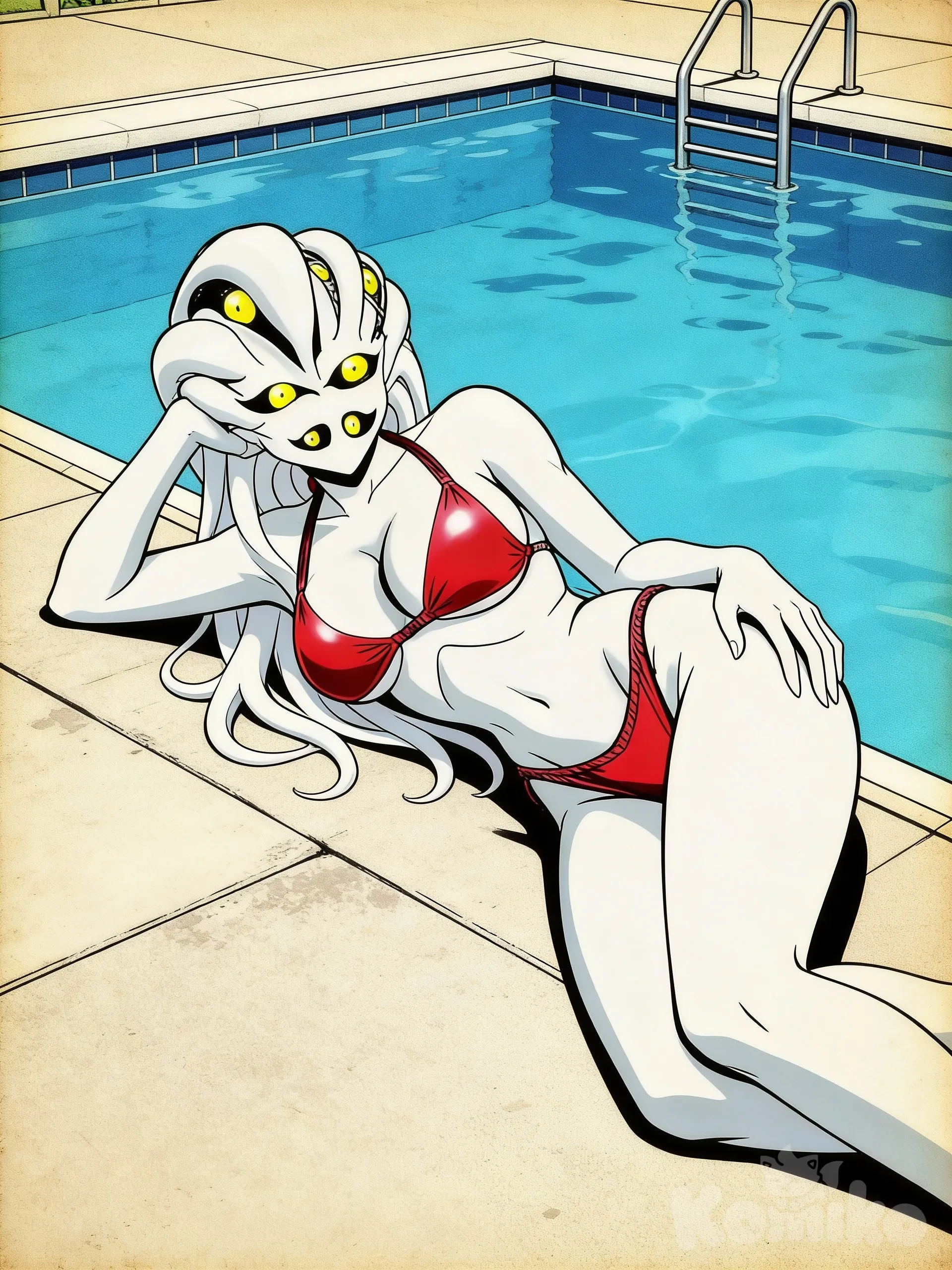 [retro-anime-style] "A highly digital illustration of a sexy anthropomorphic female spider-like monster girl with smooth white skin, long flowing white hair-tentacles coming from her head, multiple glowing yellow eyes on her face arranged in a spider pattern, wearing a revealing shiny red bikini that accentuates her curvaceous hourglass figure, large breasts and wide hips. She is lying seductively on her side next to a swimming pool, one arm propped under her head, the other hand resting on her hip, legs slightly bent, looking directly at the viewer with a teasing expression. Poolside setting with clear blue water, concrete deck, metal ladder in the background, bright daylight, summer vibe, anime-style art with clean lines and vibrant colors, high detail, dynamic angle from slightly above"