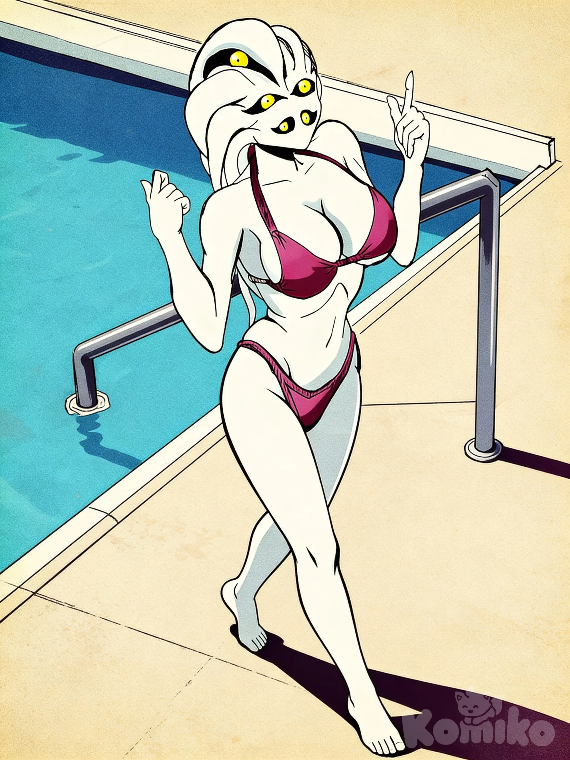 [retro-anime-style] , narlat caminando junto a la pisina, usa la imagen de muestra sin alterar su diceño