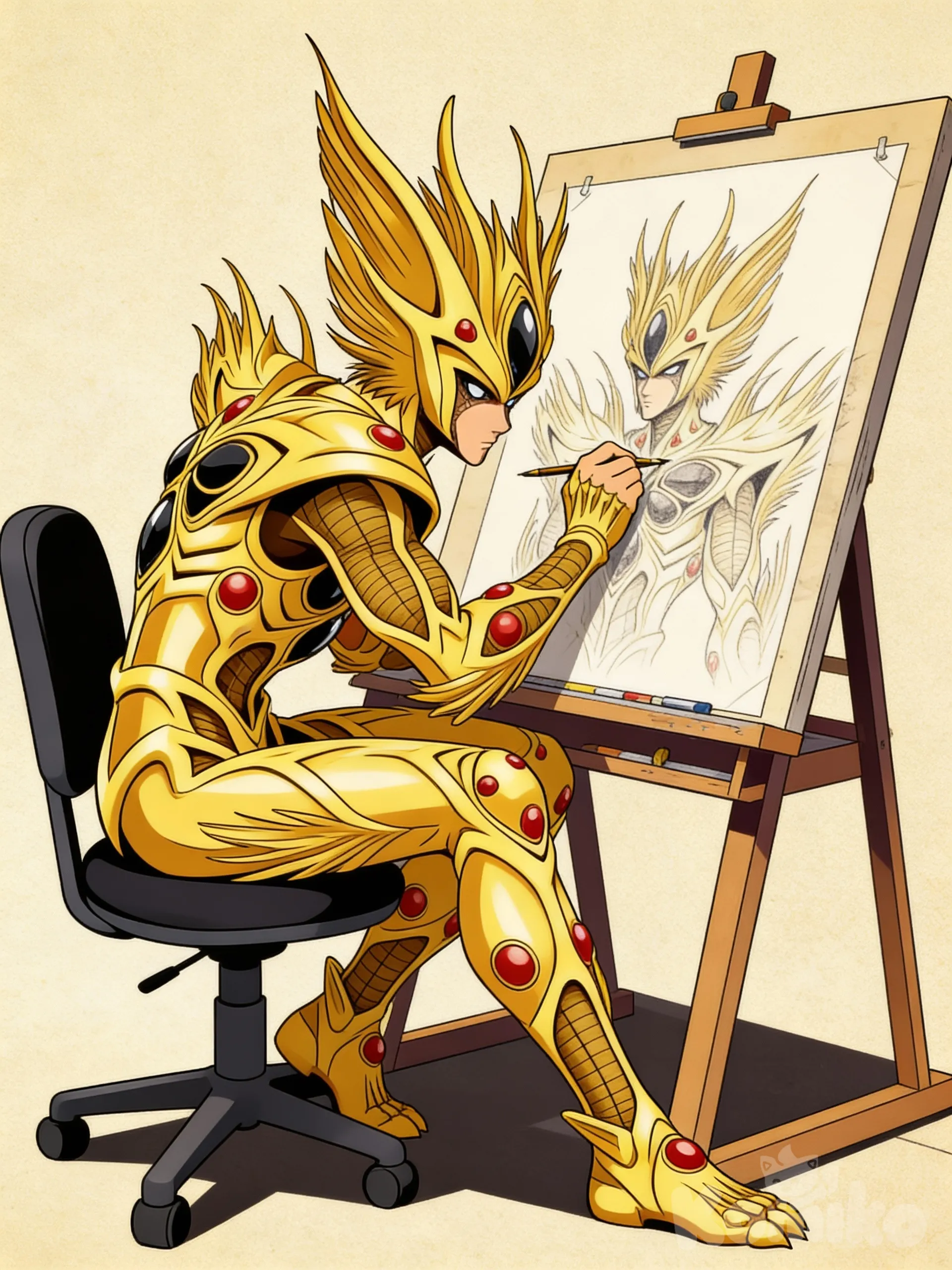 [retro-anime-style] alkanphel sentado en una silla encorbado frente a una mesa de dibujo , trabajando en un retrato de si mismo , @alkanphel-BhT7