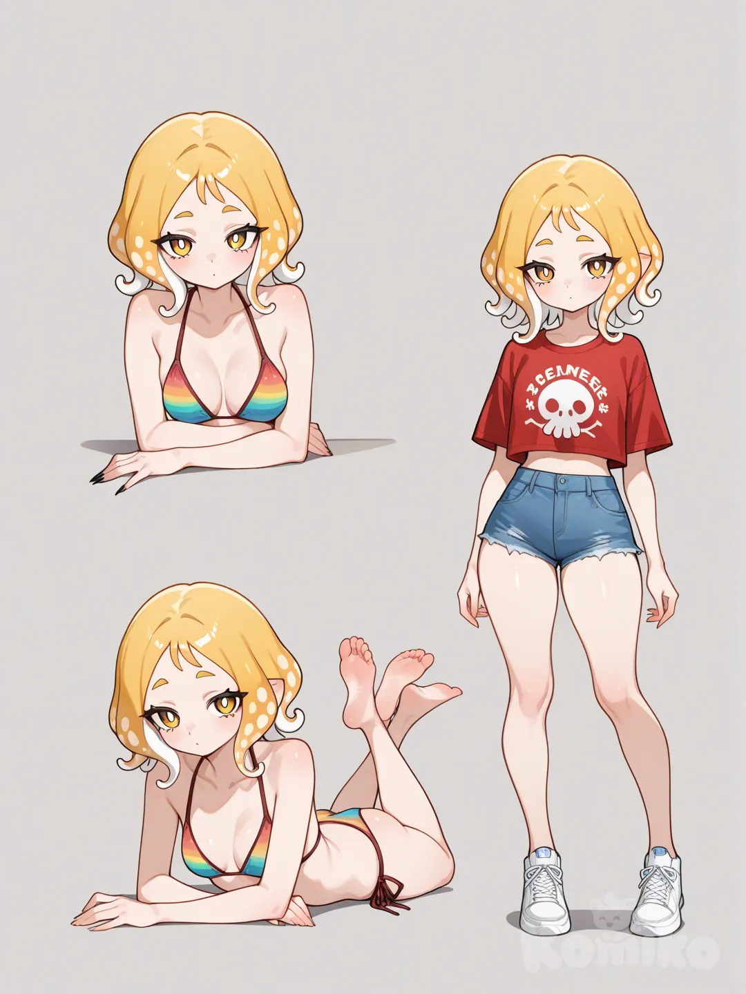 "nombre": "Tentacle Girl",
"descripcion": "Una joven humanoide con cabeza de criatura cephalópoda similar a un pulpo o calamar. Su piel es completamente blanca y lisa. En lugar de cabello humano, posee múltiples tentáculos blancos que fluyen desde la parte superior de su cabeza, algunos con puntas curvadas.",
"cabeza": {
"forma": "Alargada y bulbosa en la parte superior, similar a un cefalópodo",
"ojos": "Múltiples ojos amarillos con pupilas negras, generalmente 5-7 visibles, distribuidos en la parte frontal",
"boca": "No visible o pequeña, sin expresión facial humana"
},
"cuerpo": {
"tipo": "Humanoide femenino, con proporciones curvilíneas y atractivas",
"piel": "Blanca pura, sin texturas visibles",
"manos": "Humanas con dedos largos y uñas afiladas en algunas ilustraciones"
},
"ropa_principal": {
"casual": {
"top": "Camiseta corta sin mangas roja (crop top)",
"bottom": "Shorts de jean azules cortos",
"calzado": "Zapatillas deportivas blancas con detalles rojos"
},
"playa": {
"bikini": "Bikini rojo o magenta, a veces con brillo"
},
"otros": "Versiones desnudas o semi-desnudas en bocetos de modelo"
},
"poses_comunes": [
"De pie relajada",
"Sentada con piernas cruzadas",
"Posando junto a una piscina",
"Acostada al borde de la piscina",
"Vistas de modelo desde múltiples ángulos"
],
"estilo_artístico": "Ilustración digital/anime con líneas limpias, sombreado suave y énfasis en contraste entre la piel blanca y la ropa de colores vivos",
"temática": "Mezcla de horror lovecraftiano (cabeza de tentáculos) con estética moe/anime atractiva y casual"
}