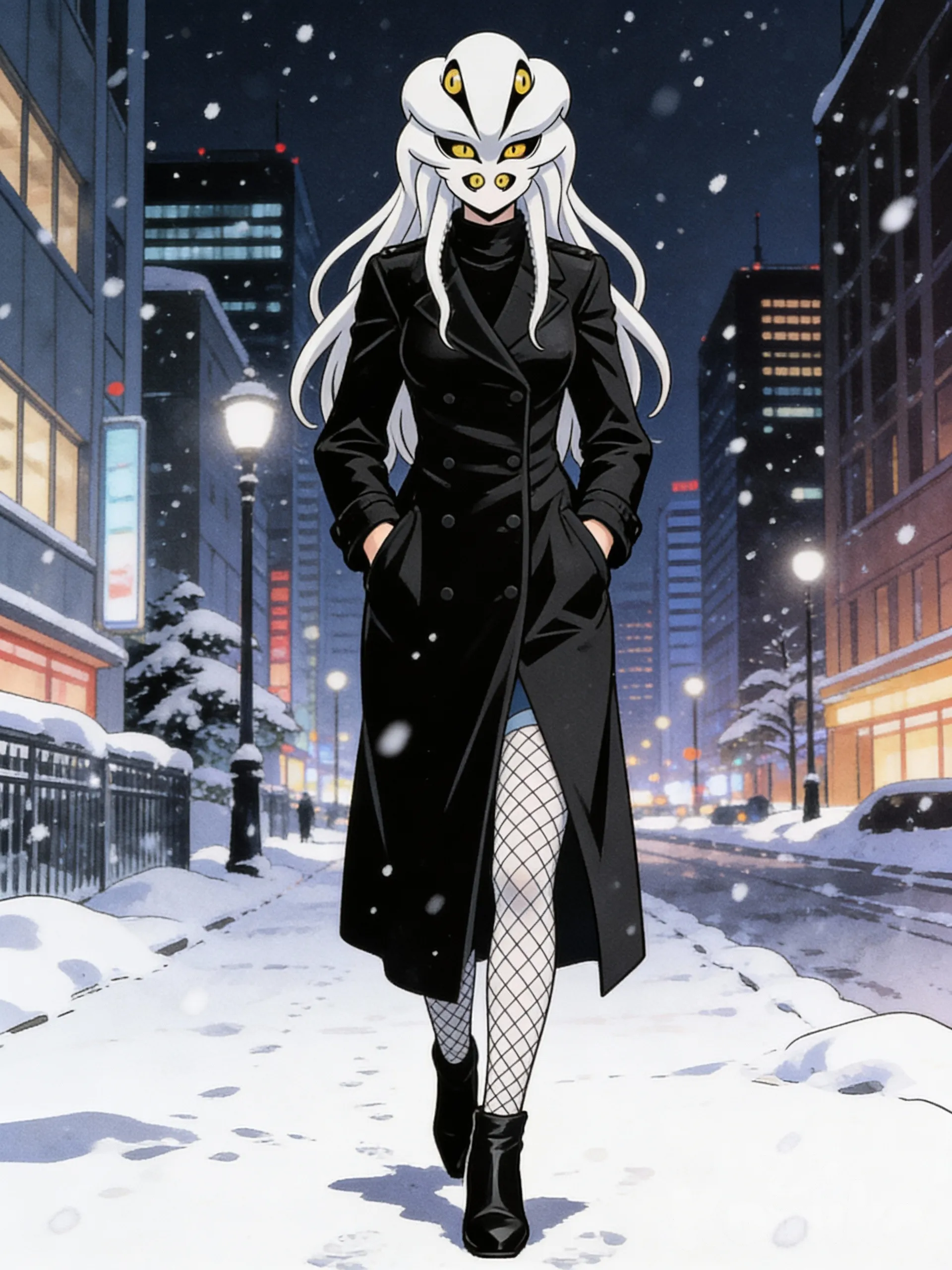 [retro-anime-style] dibuja a el personaje de la imagen caminando por una ciudad en la noche nevada, con las manos en los bolcillos .