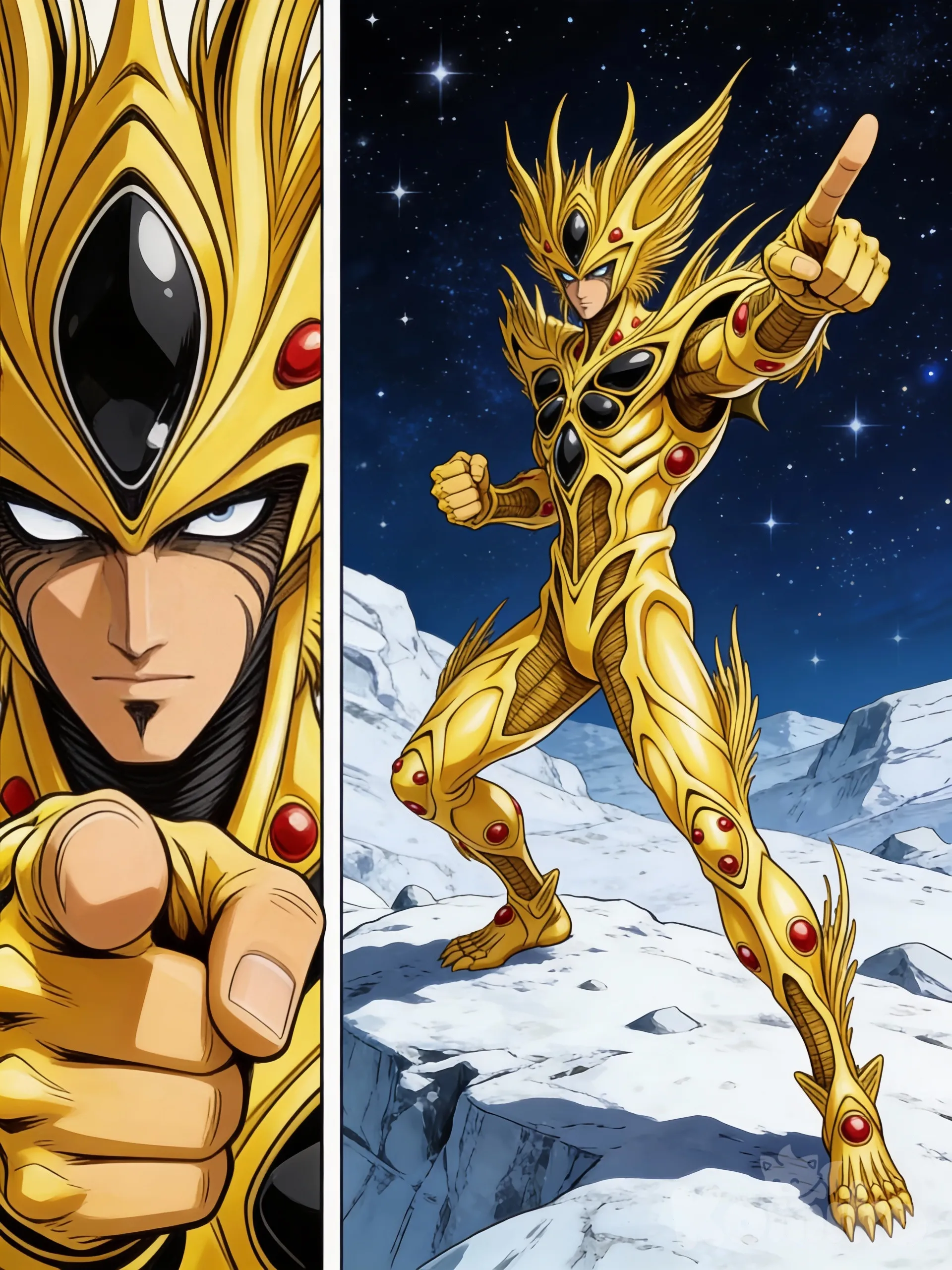 @alkanphel-BhT7, [action-manga-style] Escena de manga en blanco y negro al estilo clásico, panel dividido en dos partes.
En el panel izquierdo: primer plano dramático y extremo del rostro de alkanphel. expresión seria y determinada, ojos intensos mirando directamente al espectador, puño en primer plano apuntando hacia la cámara con los dedos indice y cordial juntos como si señalara o amenazara directamente, 
En el panel derecho: vista completa de cuerpo entero del mismo guerrero posando heroicamente en un terreno rocoso nevado o helado bajo un cielo nocturno estrellado, brazo derecho extendido apuntando con los dedos índice y cordial hacia adelante, brazo izquierdo flexionado con puño cerrado, 
Estilo manga clásico con líneas limpias, sombreado de puntos y tramas, alto contraste, atmósfera épica y dinámica. el cuerpo de alkanphel es de la serie guyver bio booster armor