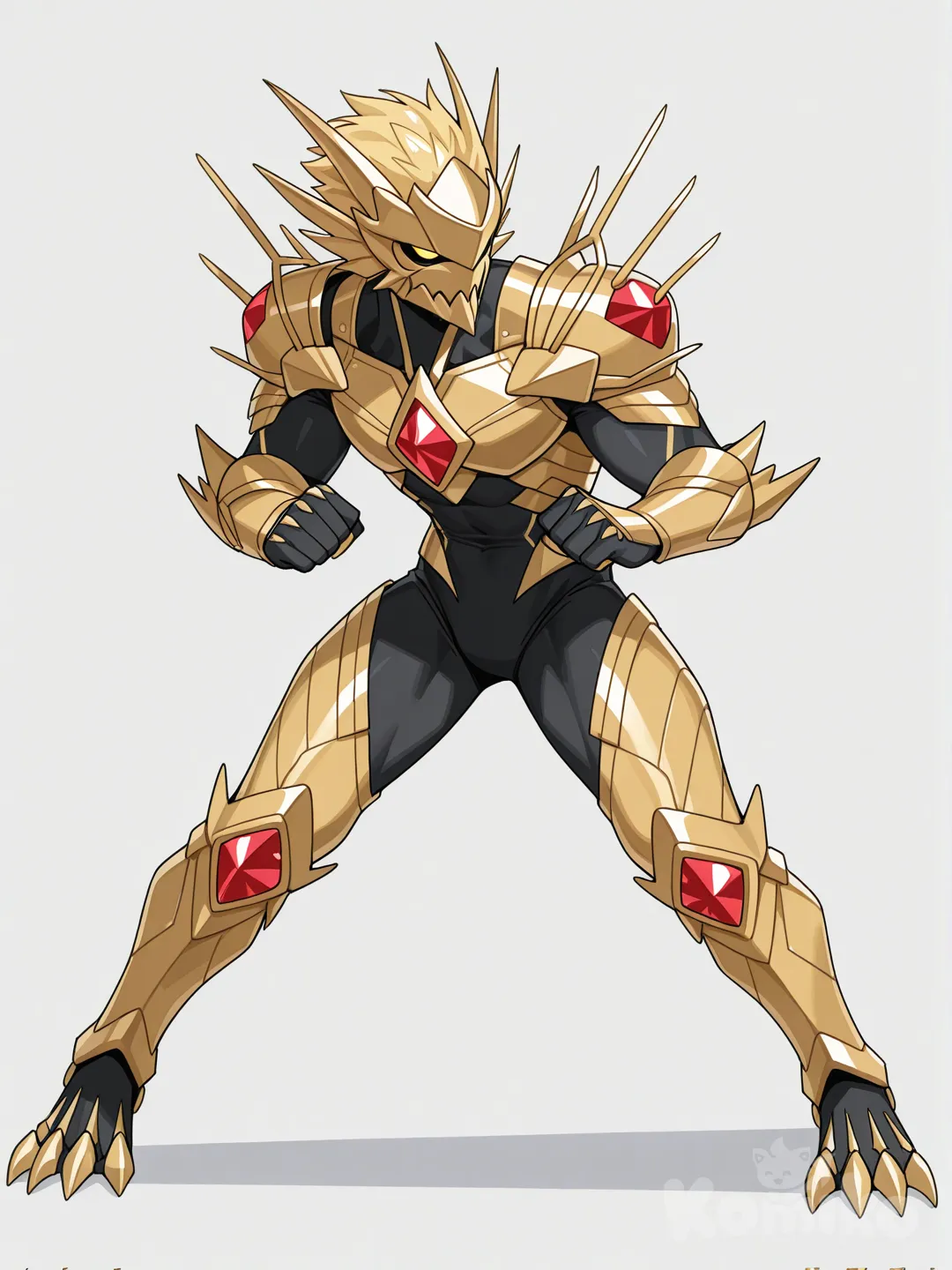 [toon-shaded-style], @alkanphel-BhT7 {
 "pose_description": {
 "action": "Dinámica de combate aéreo / Patada voladora",
 "orientation": "Perfil derecho, cuerpo inclinado diagonalmente hacia adelante",
 "upper_body": {
 "torso": "Inclinado hacia el frente en un ángulo de aproximadamente 45 grados",
 "right_arm": "Extendida hacia atrás para equilibrio, con la mano abierta y los dedos ligeramente encogidos",
 "left_arm": "Flexionada contra el pecho, con el puño cerrado cerca de la mandíbula en guardia"
 },
 "lower_body": {
 "right_leg": "Completamente extendida hacia atrás y abajo, formando una línea diagonal con el torso",
 "left_leg": "Flexionada agresivamente hacia adelante, con la rodilla apuntando al frente y el pie preparado para impactar",
 "feet": "Pie derecho extendido en punta; pie izquierdo posicionado para un golpe frontal"
 },
 "head": {
 "position": "Inclinada hacia abajo, siguiendo la línea del torso",
 "gaze": "Fija hacia el frente, enfocada en el objetivo del ataque"
 },
 "dynamic_elements": {
 "momentum_indicators": "Líneas de velocidad amarillas bajo la pierna flexionada que indican movimiento rápido hacia adelante",
 "balance": "Distribución de peso asimétrica diseñada para transmitir velocidad y fuerza de impacto"
 }
 }
}