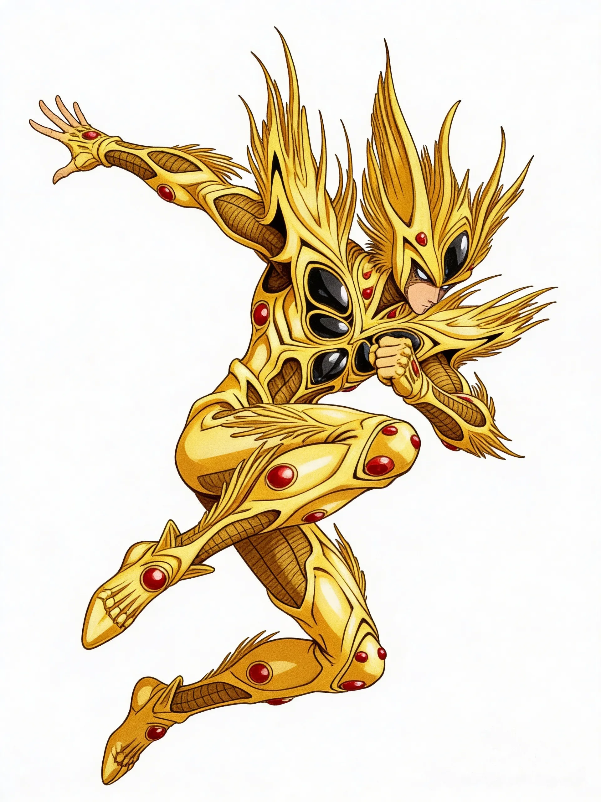 [retro-anime-style], @alkanphel-BhT7 {
 "pose_description": {
 "action": "Dinámica de combate aéreo / Patada voladora",
 "orientation": "Perfil derecho, cuerpo inclinado diagonalmente hacia adelante",
 "upper_body": {
 "torso": "Inclinado hacia el frente en un ángulo de aproximadamente 45 grados",
 "right_arm": "Extendida hacia atrás para equilibrio, con la mano abierta y los dedos ligeramente encogidos",
 "left_arm": "Flexionada contra el pecho, con el puño cerrado cerca de la mandíbula en guardia"
 },
 "lower_body": {
 "right_leg": "Completamente extendida hacia atrás y abajo, formando una línea diagonal con el torso",
 "left_leg": "Flexionada agresivamente hacia adelante, con la rodilla apuntando al frente y el pie preparado para impactar",
 "feet": "Pie derecho extendido en punta; pie izquierdo posicionado para un golpe frontal"
 },
 "head": {
 "position": "Inclinada hacia abajo, siguiendo la línea del torso",
 "gaze": "Fija hacia el frente, enfocada en el objetivo del ataque"
 },
 "dynamic_elements": {
 "momentum_indicators": "Líneas de velocidad amarillas bajo la pierna flexionada que indican movimiento rápido hacia adelante",
 "balance": "Distribución de peso asimétrica diseñada para transmitir velocidad y fuerza de impacto"
 }
 }
}