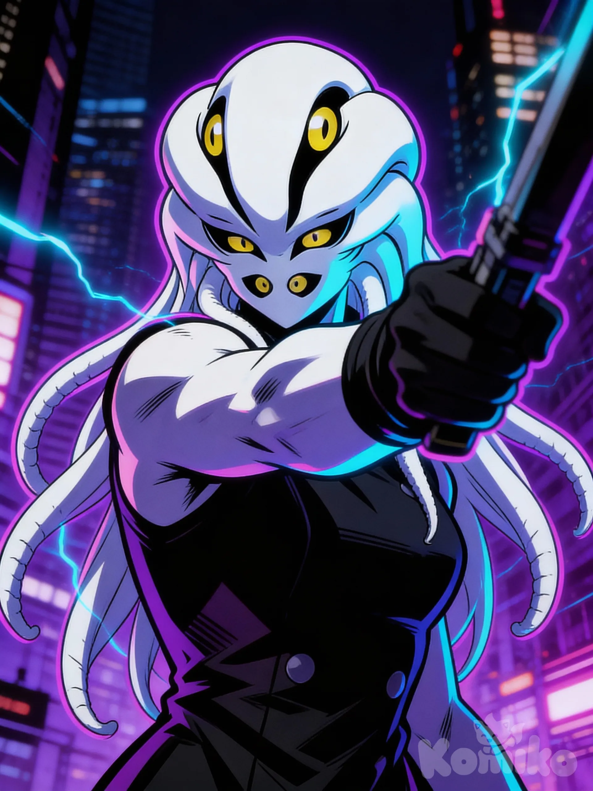 @narlat-ffnE, [action-manga-style] {
 "composicion": {
 "encuadre": "Plano medio corto (bust shot) con un ligero ángulo contrapicado para denotar autoridad.",
 "sujeto": "Figura central en posición de escorzo, orientada hacia el espectador.",
 "profundidad": "Uso de profundidad de campo donde la figura está nítida y el fondo urbano presenta un desenfoque atmosférico.",
 "elementos_clave": "Un brazo extendido frontalmente crea una línea de fuga que dirige la mirada directamente hacia el rostro del personaje."
 },
 "pose": {
 "dinamica": "Postura de combate o confrontación activa.",
 "accion": "Sujeción firme de una herramienta de defensa/ataque con una sola mano, apuntando hacia el eje de la cámara.",
 "expresion_corporal": "Tensión en los hombros y mirada directa, sugiriendo una actitud decidida, alerta y profesional."
 },
 "iluminacion": {
 "estilo": "Iluminación de estilo 'Noir' o 'Cyberpunk' con alto contraste.",
 "fuentes_de_luz": {
 "luz_principal": "Luz lateral de tono azul/cian que define los volúmenes del rostro y el brazo.",
 "luz_de_contorno": "Brillos púrpuras y rosados provenientes del entorno que perfilan el cabello y la silueta.",
 "sombras": "Sombras profundas y duras que ocultan parte del torso, acentuando el dramatismo."
 }
 },
 "paleta_de_colores": {
 "dominante": "Gama de púrpuras y violetas intensos.",
 "acentos": "Cian eléctrico para las luces altas y negros profundos para las sombras.",
 "textura_visual": "Acabado con grano cinematográfico retro (estética Lo-Fi o anime de los 90) que unifica la paleta cromática."
 },
 "ambiente": {
 "escenario": "Entorno urbano nocturno con luminiscencia de ciudad densa.",
 "genero_visual": "Estética futurista distópica o retro-futurismo."
 }
}