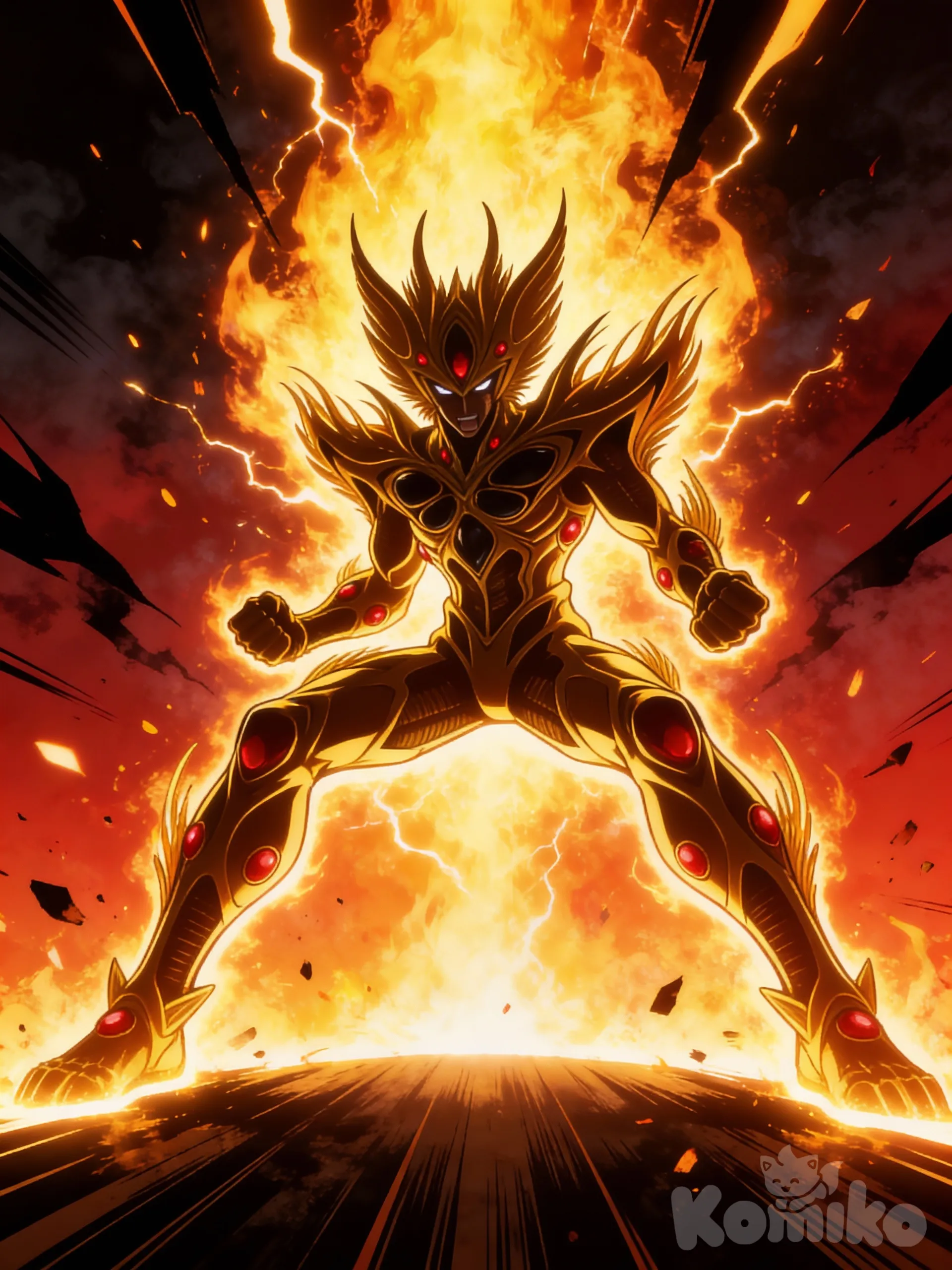 "Low-angle dramatic shot of a powerful figure in an intense combat stance, viewed from below looking up, legs spread wide with knees bent in a strong grounded position, fists clenched tightly at the sides, body slightly leaned forward with muscular tension, fierce determined expression with narrowed eyes and gritted teeth, explosive bright golden-yellow fiery aura erupting upward and surrounding the entire silhouette with flaming energy edges and crackling flames, intense rim lighting from below creating glowing outlines, high contrast between fiery warm oranges and yellows against a dark red-to-black smoky background with abstract jagged patterns, bold black outlines, stylized anime digital illustration, vivid saturated warm colors, epic and overwhelming power atmosphere, dynamic vertical composition emphasizing dominance and intensity, dramatic fire particles and embers floating around --ar 9:16 --stylize 700 --v 6", [action-manga-style], @alkanphel-BhT7