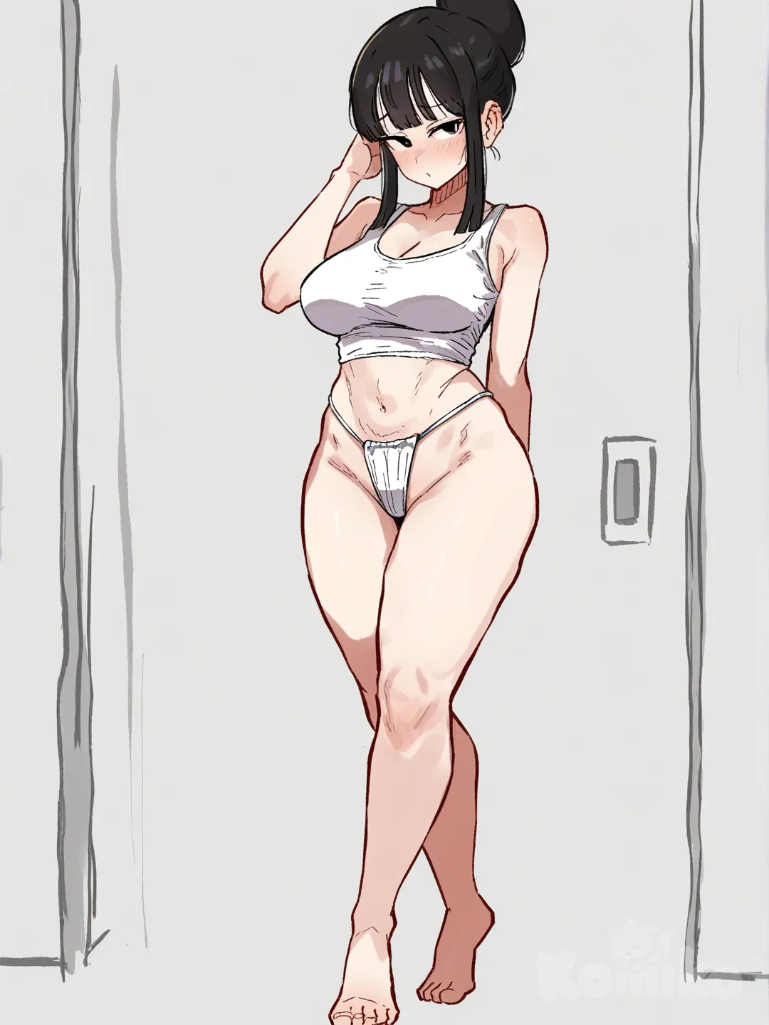 1girl, chi-chi_(dragon_ball), black_hair, fair_skin, mature, slim, curvy, athletic, stocky, kamasutra, original, dragon_ball style, single character, full body, looking at viewer, simple background, white background, [hentai-style] chichi usando solo unas bragas tanga blancas, camina por su casa de puntillas al amanecer