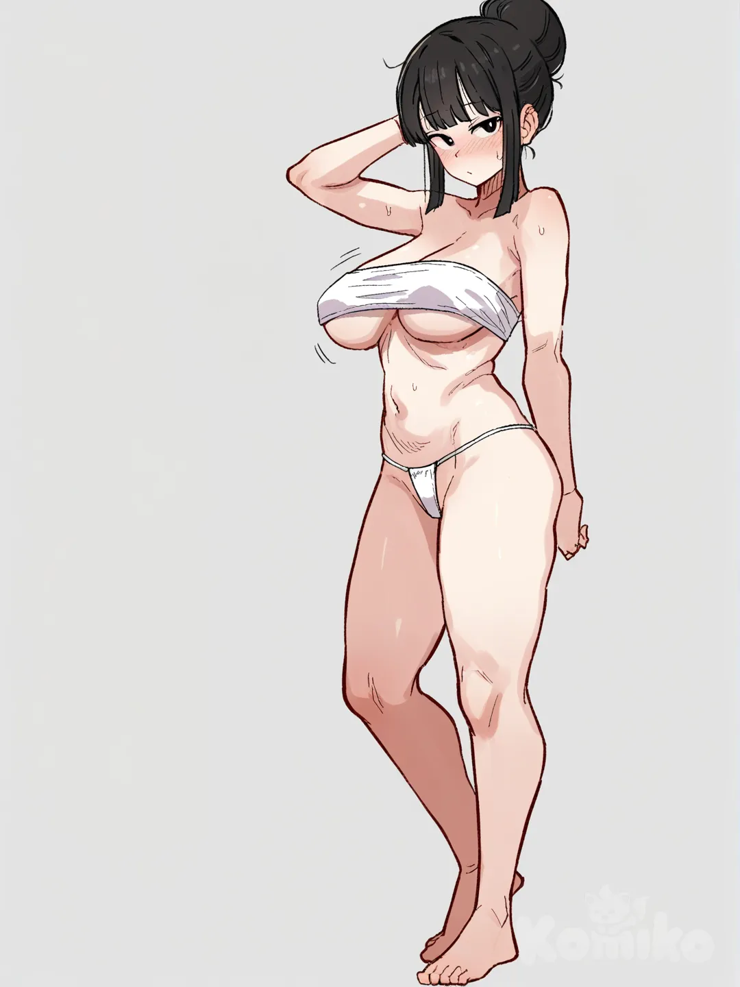 1girl, chi-chi_(dragon_ball), black_hair, fair_skin, mature, slim, curvy, athletic, stocky, kamasutra, original, dragon_ball style, single character, full body, looking at viewer, simple background, white background, [hentai-style] chichi usando solo unas bragas tanga blancas, camina por su casa de puntillas al amanecer , sus pechos descubiertos se sacuden con cada pazo , su cabelloe sta suelto.