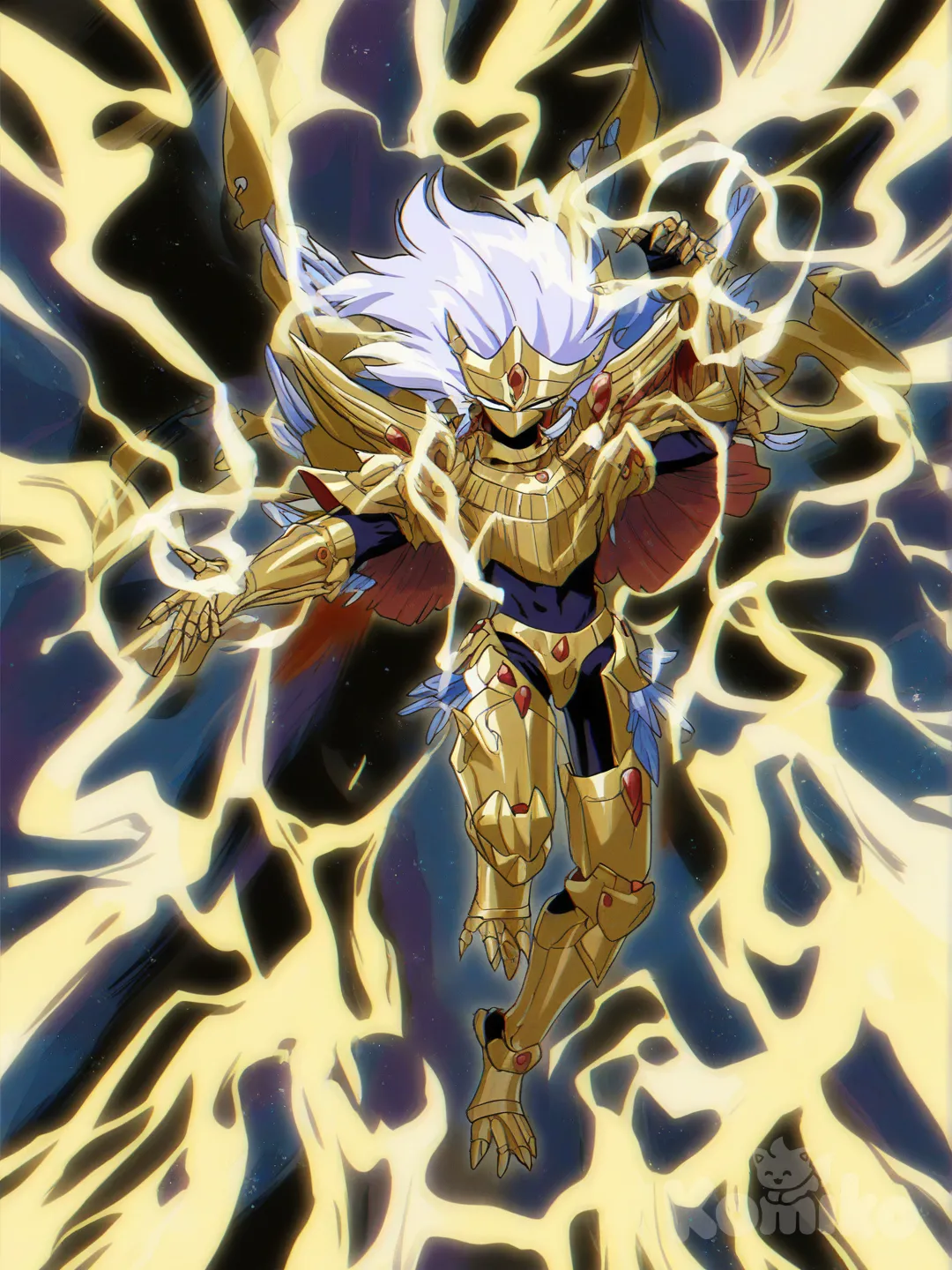 {
 "pose": {
 "description": "Un personaje musculoso y poderoso está de pie en una postura dinámica y dominante, visto desde un ángulo bajo que enfatiza su imponente presencia. Sus brazos están levantados y extendidos hacia arriba y ligeramente hacia los lados, con las palmas de las manos hacia adelante y los dedos extendidos. De sus manos emana una intensa energía brillante que se expande hacia los lados, sugiriendo que está canalizando o liberando un gran poder."
 },
 "estilo_de_color": {
 "paleta_principal": "Tonos oscuros y metálicos en el cuerpo del personaje (negro profundo con reflejos dorados y blancos que simulan una textura cristalina o cósmica, con motas blancas como estrellas)",
 "colores_acento": "Dorado intenso en el fondo y en los ojos brillantes del personaje",
 "energía": "Blanco puro y radiante con bordes dorados"
 },
 "iluminacion": {
 "fuente_principal": "Luz intensa y blanca proveniente de las manos del personaje, creando un resplandor dramático que ilumina su silueta desde abajo y los lados",
 "efectos": "Rayos de luz dorada radiante en el fondo, alto contraste con sombras profundas en el cuerpo, reflejos especulares en la superficie metálica/cristalina con tonos dorados, atmósfera energética y explosiva con aura brillante alrededor del personaje"
 }
}, @alkanphel-BhT7, [90s-shojo-style]