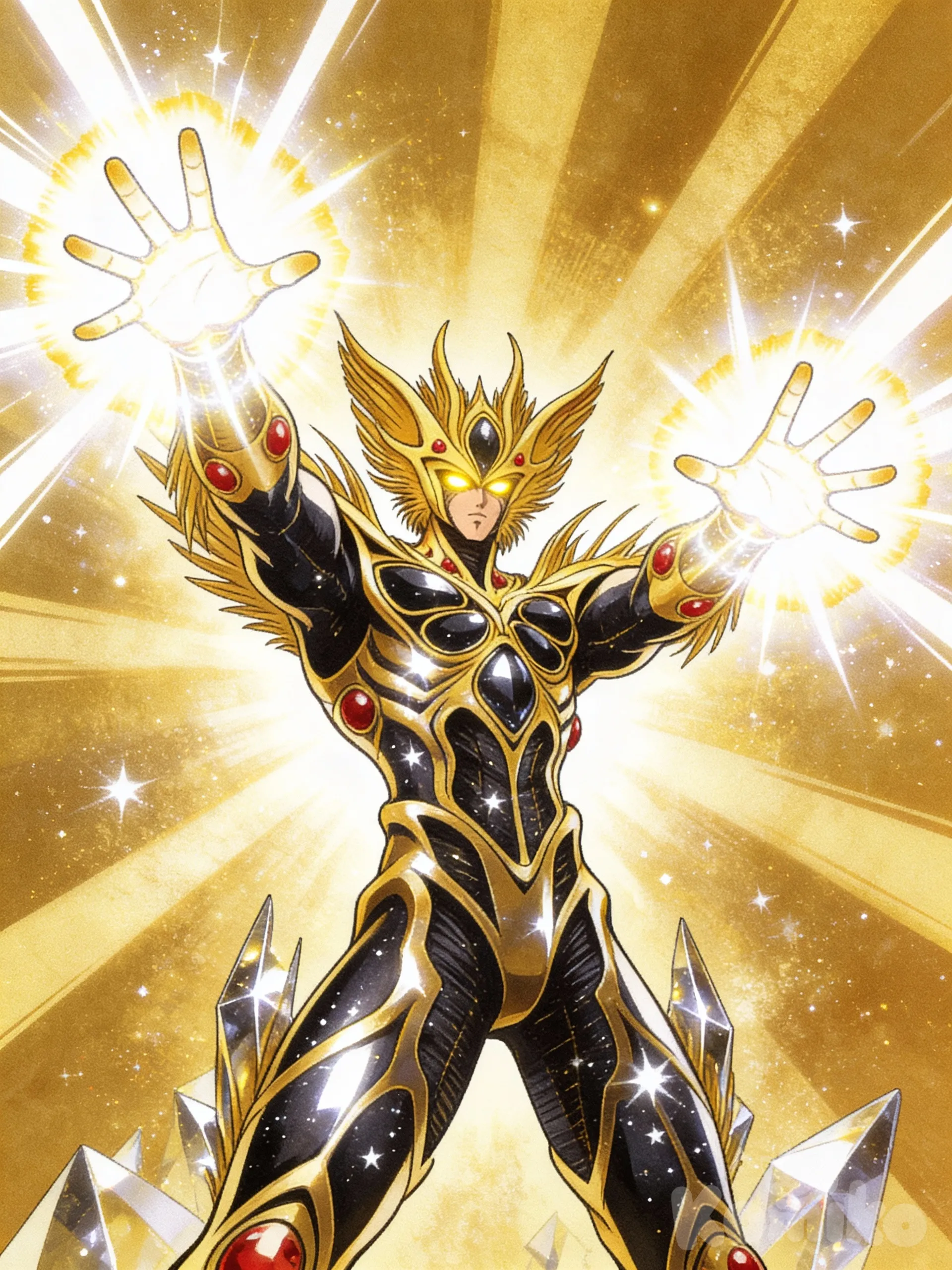 [retro-anime-style], @alkanphel-BhT7 {
 "pose": {
 "description": "Un personaje musculoso y poderoso está de pie en una postura dinámica y dominante, visto desde un ángulo bajo que enfatiza su imponente presencia. Sus brazos están levantados y extendidos hacia arriba y ligeramente hacia los lados, con las palmas de las manos hacia adelante y los dedos extendidos. De sus manos emana una intensa energía brillante que se expande hacia los lados, sugiriendo que está canalizando o liberando un gran poder."
 },
 "estilo_de_color": {
 "paleta_principal": "Tonos oscuros y metálicos en el cuerpo del personaje (negro profundo con reflejos dorados y blancos que simulan una textura cristalina o cósmica, con motas blancas como estrellas)",
 "colores_acento": "Dorado intenso en el fondo y en los ojos brillantes del personaje",
 "energía": "Blanco puro y radiante con bordes dorados"
 },
 "iluminacion": {
 "fuente_principal": "Luz intensa y blanca proveniente de las manos del personaje, creando un resplandor dramático que ilumina su silueta desde abajo y los lados",
 "efectos": "Rayos de luz dorada radiante en el fondo, alto contraste con sombras profundas en el cuerpo, reflejos especulares en la superficie metálica/cristalina con tonos dorados, atmósfera energética y explosiva con aura brillante alrededor del personaje"
 }
}