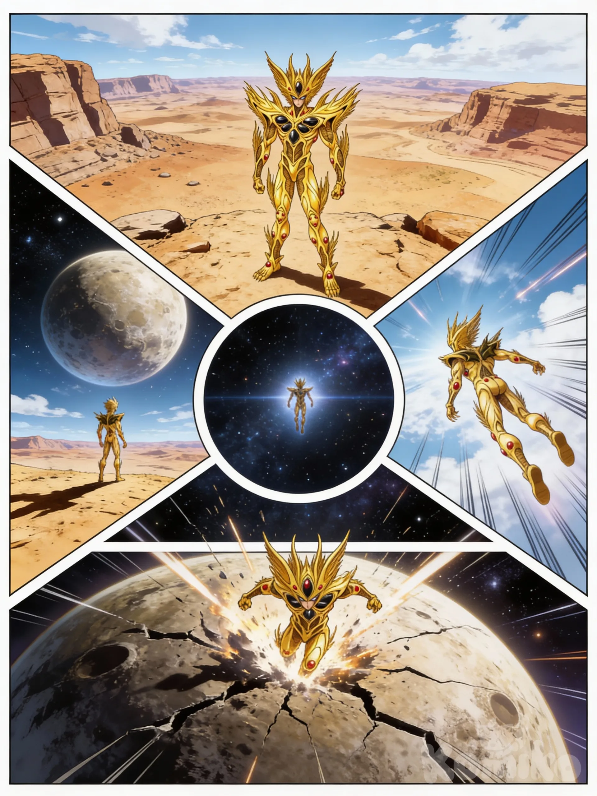 {
 "comic_page": {
 "layout": "Custom mixed geometry",
 "panels": [
 {
 "id": 1,
 "shape": "Horizontal superior",
 "composition": {
 "angle": "Picado (High angle)",
 "setting": "Desierto rocoso",
 "character_action": "El personaje se encuentra solo en medio de la inmensidad del desierto",
 "description": "Vista desde arriba que acentúa la escala del terreno árido y pedregoso."
 }
 },
 {
 "id": 2,
 "shape": "Triangular izquierdo",
 "composition": {
 "angle": "Espaldas (Back view)",
 "setting": "Desierto / Cielo",
 "character_action": "El personaje observa hacia arriba",
 "focal_point": "Enorme planetoide gigante dominando el firmamento",
 "description": "Contraste entre la figura en tierra y la magnitud del astro en el cielo."
 }
 },
 {
 "id": 3,
 "shape": "Triangular derecho",
 "composition": {
 "angle": "Contrapicado",
 "setting": "Cielo",
 "character_action": "El personaje se eleva volando rápidamente hacia el espacio",
 "description": "Dinensiones diagonales que sugieren velocidad y ascenso."
 }
 },
 {
 "id": 4,
 "shape": "Circular central",
 "composition": {
 "angle": "Plano general",
 "setting": "Espacio exterior",
 "character_action": "El personaje flota o se desplaza en el vacío",
 "description": "Panel focal que marca la transición de la atmósfera al cosmos."
 }
 },
 {
 "id": 5,
 "shape": "Horizontal inferior",
 "composition": {
 "angle": "Primer plano de impacto",
 "setting": "Superficie del planetoide",
 "character_action": "El personaje choca con fuerza extrema",
 "visual_effect": "Grietas masivas expandiéndose por la superficie del planetoide",
 "description": "Clímax de la página que muestra el poder del impacto."
 }
 }
 ]
 }
}, @alkanphel-BhT7, [action-manga-style]