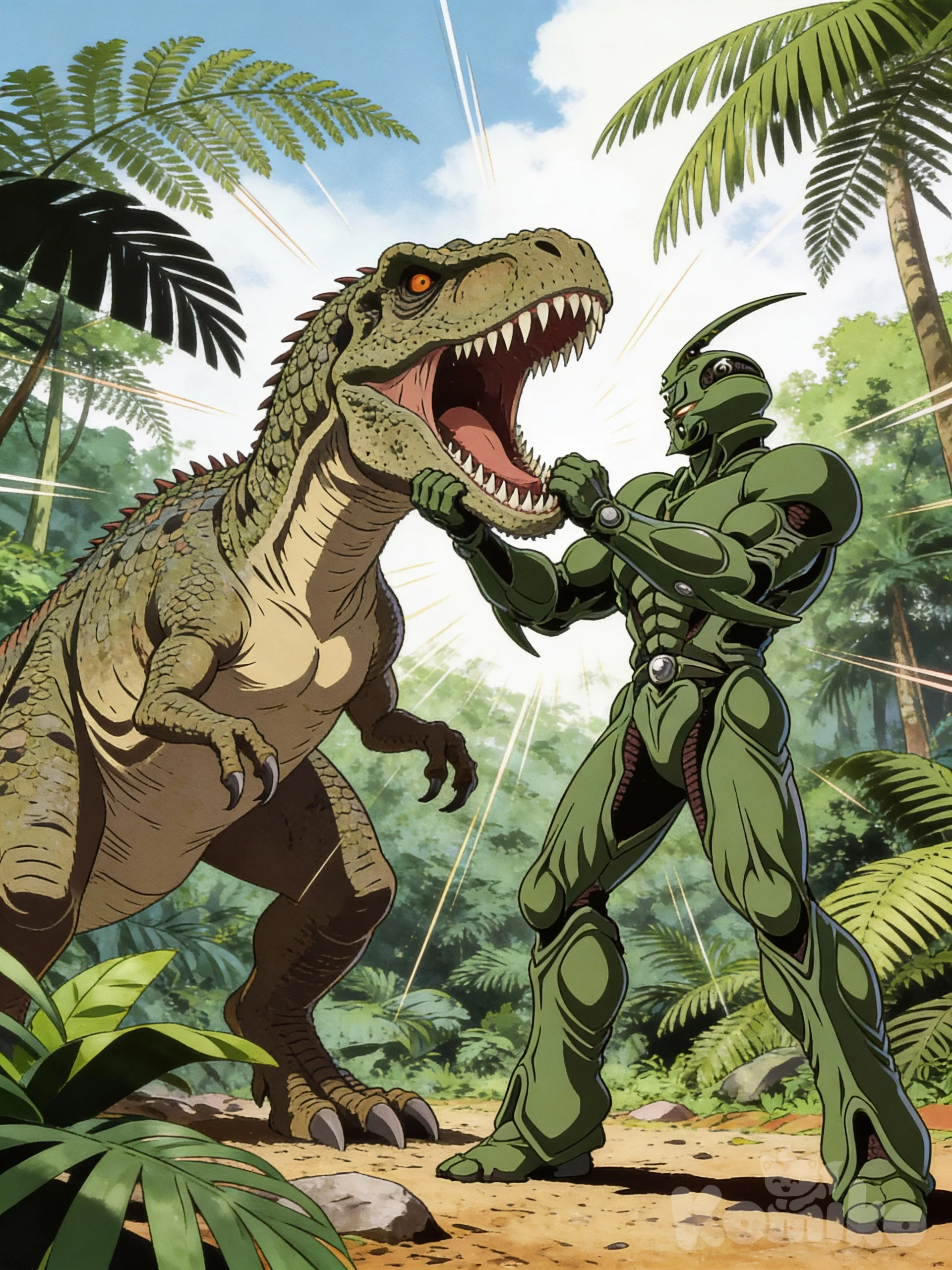 [retro-anime-style] Prompt de Escena: Guyver 0 vs. T-Rex Modificado
Descripción del Entorno: Una selva prehistórica densa y salvaje bajo un cielo abierto y brillante. El suelo es de tierra seca y rocosa, con vegetación tropical de hojas anchas y helechos gigantes alrededor. La atmósfera está cargada de tensión, con líneas de acción cinéticas que irradian desde el centro del combate para enfatizar la fuerza del impacto.

Acción de los Personajes: * El T-Rex (Criatura Modificada): Un Tyrannosaurus Rex de escala masiva, con piel escamosa hiperdetallada y músculos poderosos. Se encuentra en una postura agresiva, con las fauces abiertas de par en par, revelando hileras de dientes afilados. Sus ojos muestran una inteligencia animal intensificada por la ingeniería genética de los Creadores.

Guyver 0: Un guerrero con una armadura bio-orgánica de diseño alienígena y aerodinámico. Está plantado firmemente en el suelo en una demostración de fuerza sobrehumana. Sus manos sujetan con firmeza la mandíbula superior e inferior del dinosaurio, forzándolas a abrirse y resistiendo la presión de la mordida con los músculos de la armadura en máxima tensión.

Estilo Visual: Estilo de manga seinen clásico de alta fidelidad, con un entintado denso y sombreado mediante tramas de puntos (screentone). Gran énfasis en la anatomía tanto del dinosaurio como de la armadura para transmitir una sensación de peso y poder bruto.