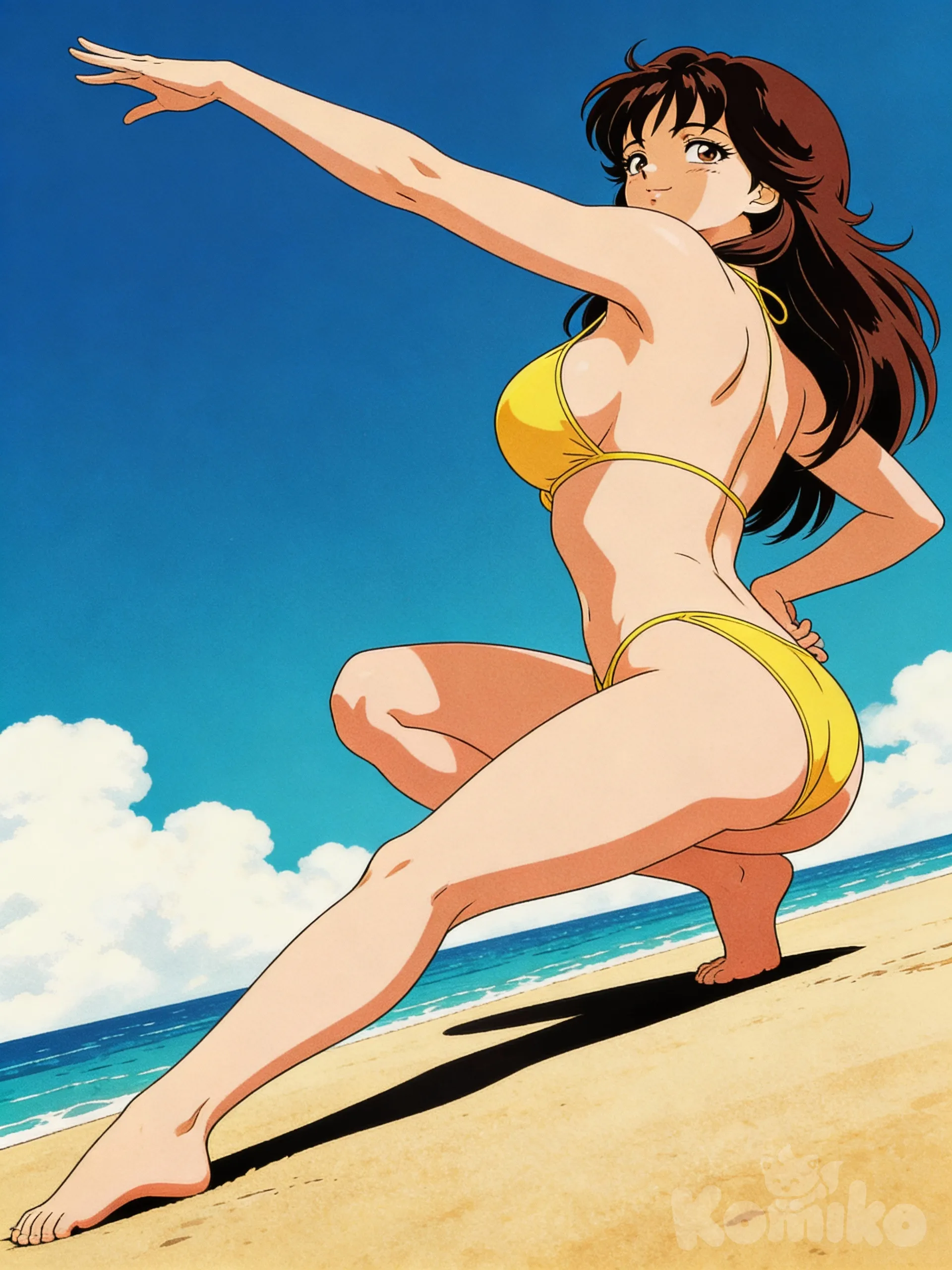 [retro-anime-style], @narlat-ffnE {
 "pose": {
 "posición_general": "acuclillada",
 "orientación_cuerpo": "ligeramente_girada_hacia_la_izquierda",
 "torso": "elevado_y_arqueado_hacia_atrás",
 "pecho": "muy_prominente_y_elevado",
 "hombros": "uno_más_elevado_que_el_otro",
 "brazos": {
 "brazo_izquierdo": "extendido_hacia_arriba_y_ligeramente_hacia_afuera",
 "brazo_derecho": "doblado_con_mano_cerca_de_la_cadera"
 },
 "piernas": {
 "pierna_izquierda": "flexionada_rodilla_arriba",
 "pierna_derecha": "extendida_casi_recta_ligeramente_abierta",
 "rodillas": "separadas_en_V_abierta"
 },
 "caderas": "levemente_giradas_hacia_la_izquierda",
 "ángulo_vista": "perspectiva_picada_desde_arriba",
 "apoyo_principal": "espalda_y_glúteos_sobre_la_superficie",
 "contacto_superficie": "espalda_completa_glúteos_y_pierna_derecha",
 "tensión_cuerpo": "alta_en_abdomen_y_pecho",
 "curvatura_columna": "lordosis_marcada"
 }
}