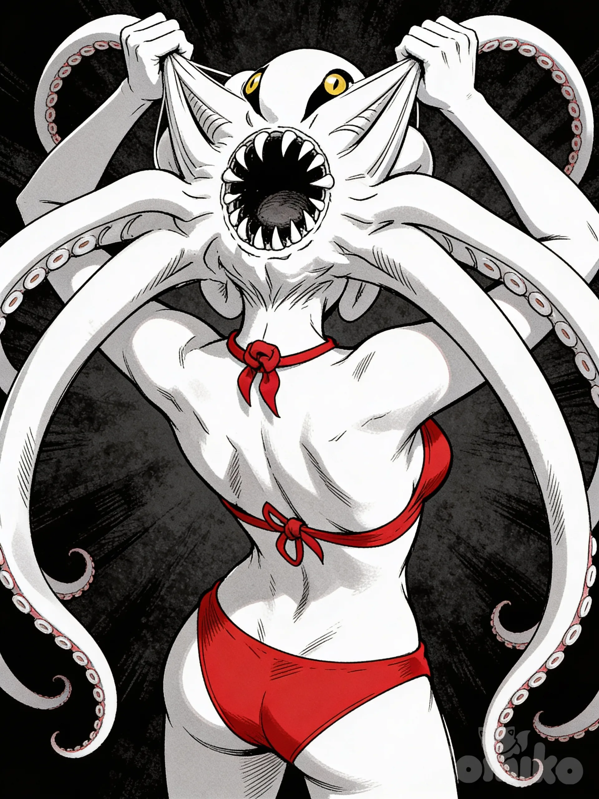 @narlat-ffnE, [action-manga-style] narlat vista de espaldas , levanta los tentaculos que usa de cabello en su acabeza y descubre una boca circular en la parte posterior de su cabeza