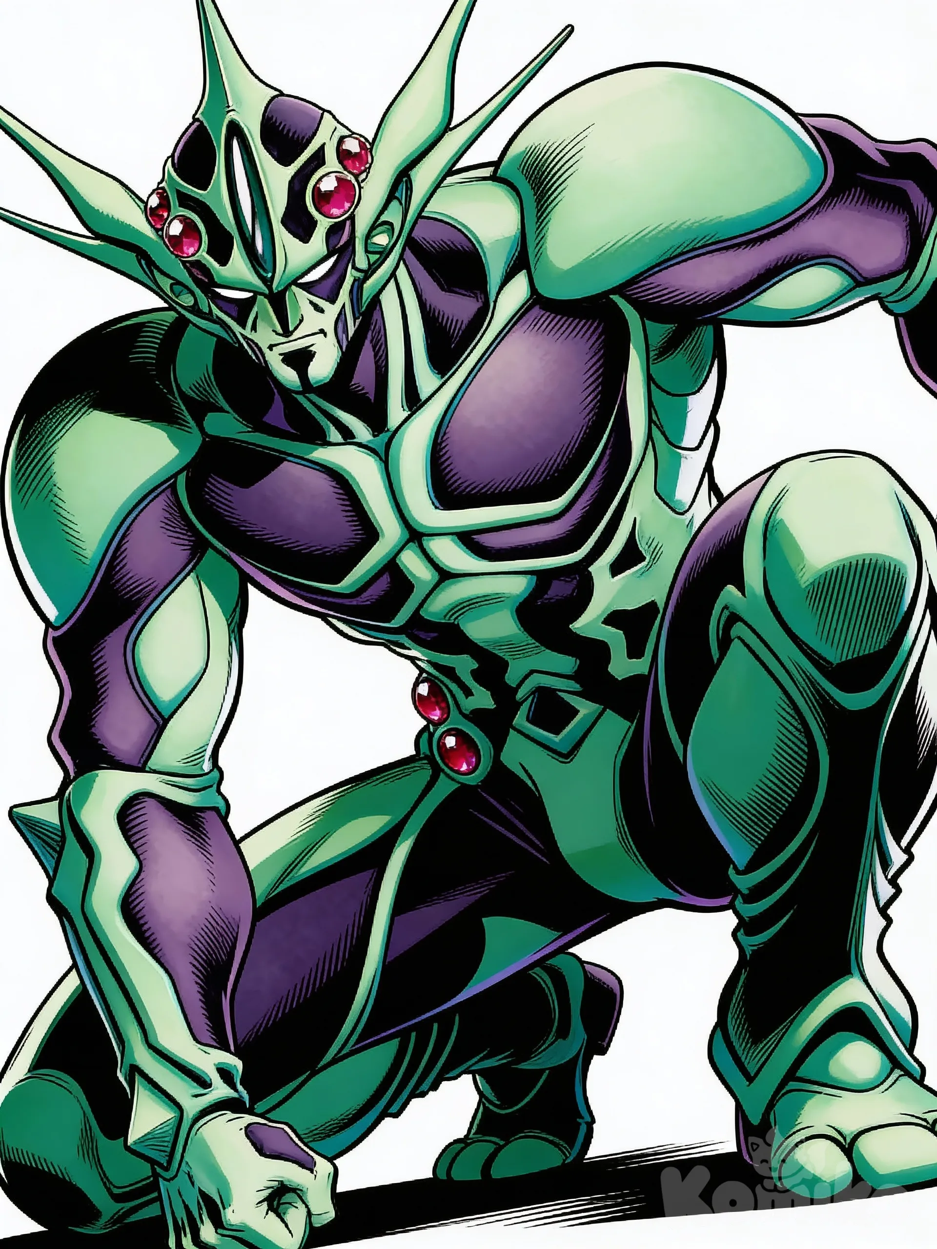 [action-manga-style] murakami se encuentra acuclillado , en una pose de 3/4 , angulo contrapicado . , el persoanje no es humano , no esta usando un disfraz, sigue la imagen de referencia del persoanje