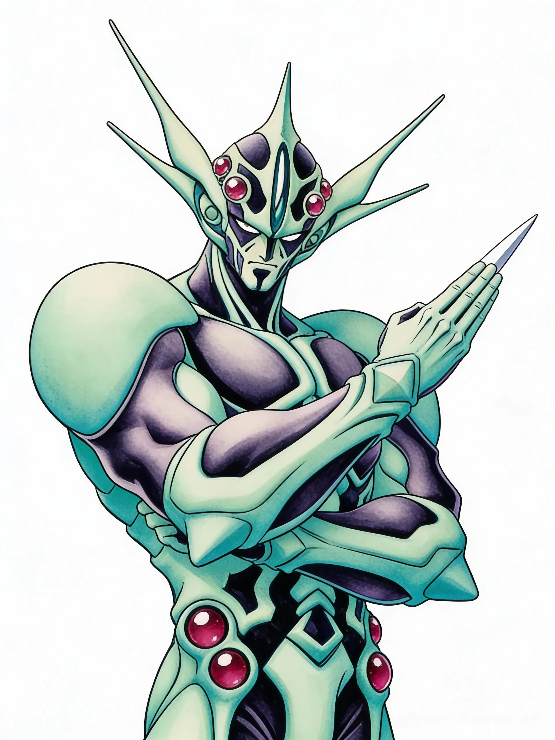 [retro-anime-style] el persoanje murakami no es humano , no esta usando un disfraz, el personaje deve ser dibujado siguiendo la imagen de referencia . {
 "pose": {
 "body_orientation": "frontal_ligeramente_girado_a_la_derecha",
 "arms": {
 "right_arm": {
 "position": "cruzado_frente_al_pecho",
 "elbow": "flexionado",
 "forearm": "diagonal_hacia_arriba_y_derecha",
 "hand": "extendida_estilo_cuchillo_o_tajo",
 "fingers": "juntos_y_rectos"
 },
 "left_arm": {
 "position": "oculto_detrás_del_brazo_derecho",
 "elbow": "flexionado"
 }
 },
 "head": {
 "tilt": "levemente_hacia_adelante",
 "gaze": "frontal_directo_al_espectador"
 },
 "torso": {
 "posture": "erguida_con_tensión_muscular"
 }
 }
}