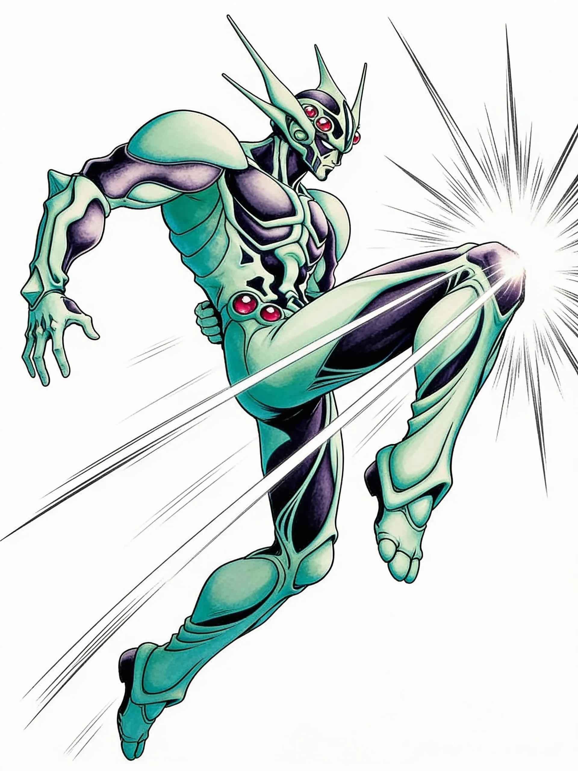 {
 "pose": {
 "accion": "rodillazo volador",
 "direccion": "hacia la derecha",
 "estado": "en el aire / salto dinámico",
 "anatomia": {
 "torso": {
 "inclinacion": "hacia adelante y ligeramente hacia la derecha",
 "torsion": "rotado hacia el espectador para equilibrar el golpe",
 "centro_de_gravedad": "desplazado hacia la rodilla de ataque"
 },
 "extremidades_superiores": {
 "brazo_izquierdo": {
 "posicion": "extendido hacia atrás",
 "codo": "ligeramente flexionado",
 "mano": "abierta en tensión para balance"
 },
 "brazo_derecho": {
 "posicion": "pegado al costado del torso",
 "funcion": "estabilización del centro de masa"
 }
 },
 "extremidades_inferiores": {
 "pierna_derecha_ataque": {
 "cadera": "completamente flexionada hacia el pecho",
 "rodilla": "flexionada en ángulo agudo (punto de impacto)",
 "vector_de_fuerza": "hacia adelante-derecha"
 },
 "pierna_izquierda_apoyo": {
 "posicion": "extendida hacia atrás y abajo",
 "rodilla": "ligera flexión natural",
 "pie": "en punta, siguiendo la línea de la pierna"
 }
 },
 "cabeza": {
 "orientacion": "perfil derecho",
 "mirada": "fija en el objetivo del impacto"
 }
 },
 "dinamica_visual": {
 "linea_de_accion": "diagonal desde el pie izquierdo hasta la cabeza",
 "energia": "cinética frontal"
 }
 }
}, [action-manga-style] dibuja al personaje como se ve en la imagen de refeencia, el personaje no es humano no esta disfrazado