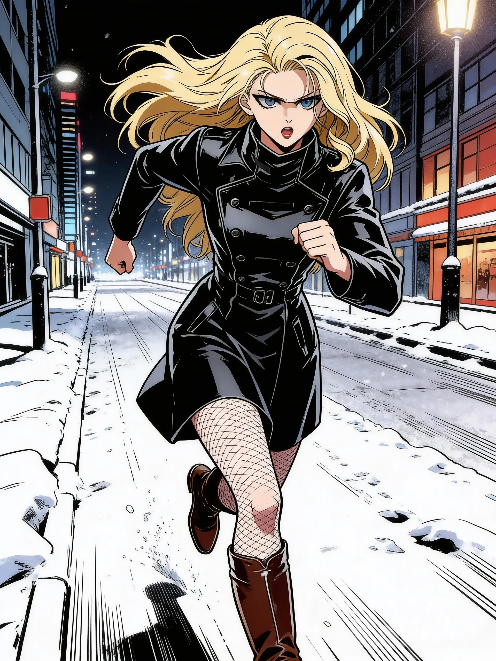[action-manga-style] valkiria corre por una calle en la noche en mdeio de una ciudad nevada , las calles estan vacias ella corre