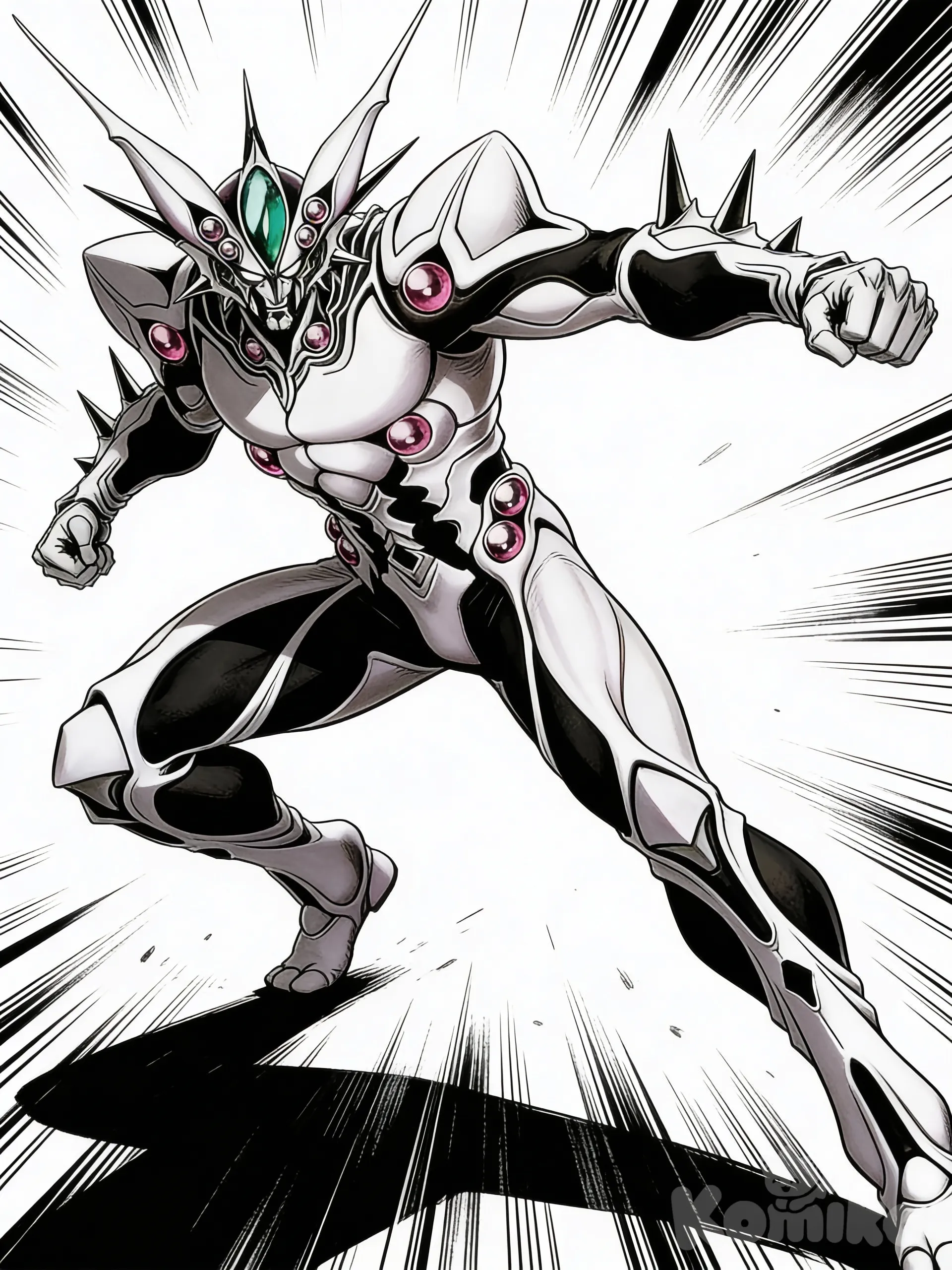 [action-manga-style] mirabilis no es un humano , no esta usando un disfraz, sigue la imagen de referencia , {
 "pose_type": "dynamic_combat_advance",
 "overall_stance": "aggressive_forward_lunge",
 "weight_distribution": "mostly_on_front_leg",
 "legs": {
 "left_leg": {
 "position": "forward",
 "knee_bend": "strong ~80-100°",
 "foot": "flat_on_ground_pointing_forward"
 },
 "right_leg": {
 "position": "back",
 "knee_bend": "slightly_bent ~20-40°",
 "foot": "flat_on_ground_pointing_slightly_outward"
 },
 "stance_width": "wide"
 },
 "hips": "rotated_forward_left_hip_leading",
 "torso": "leaning_significantly_forward",
 "shoulders": "right_shoulder_advanced_forward",
 "arms": {
 "left_arm": {
 "position": "extended_straight_ahead",
 "elbow": "almost_straight_slight_bend",
 "wrist": "neutral",
 "fist": "closed",
 "height": "chest_to_head_level"
 },
 "right_arm": {
 "position": "pulled_back",
 "elbow": "bent_sharply ~80-110°",
 "upper_arm": "close_to_ribs",
 "forearm": "parallel_to_ground_or_slightly_up",
 "fist": "closed",
 "height": "near_waist/hip_level"
 }
 },
 "spine": "forward_tilt ~30-45°",
 "head": "forward_and_slightly_down",
 "perspective_effect": "low_angle_looking_up",
 "movement_implied": "lunging_forward_punching_preparation"
}