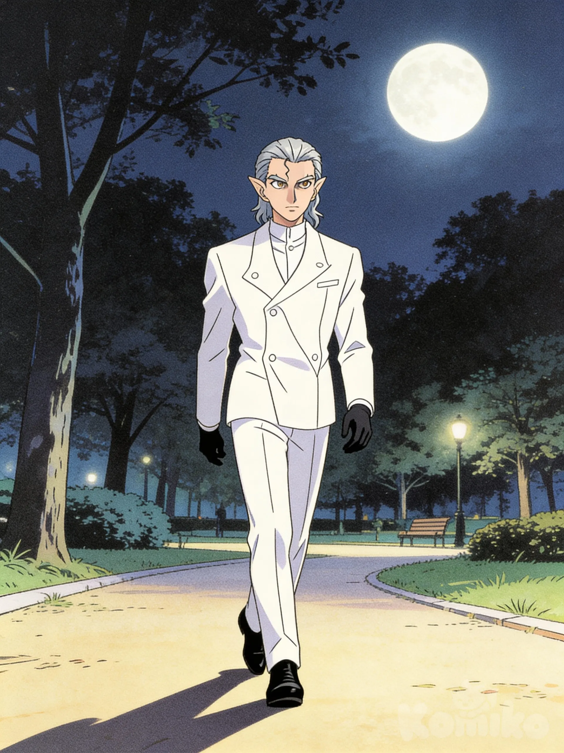 [retro-anime-style] sigue el diceño de la imagen de referencia, el personaje esta caminando por la noche en un parque sin iluminacion mas que la luna , el persoanje tiene el cabello plateado orejas puntiagudas, y viste un traje blanco con zapatos y cuantes negros