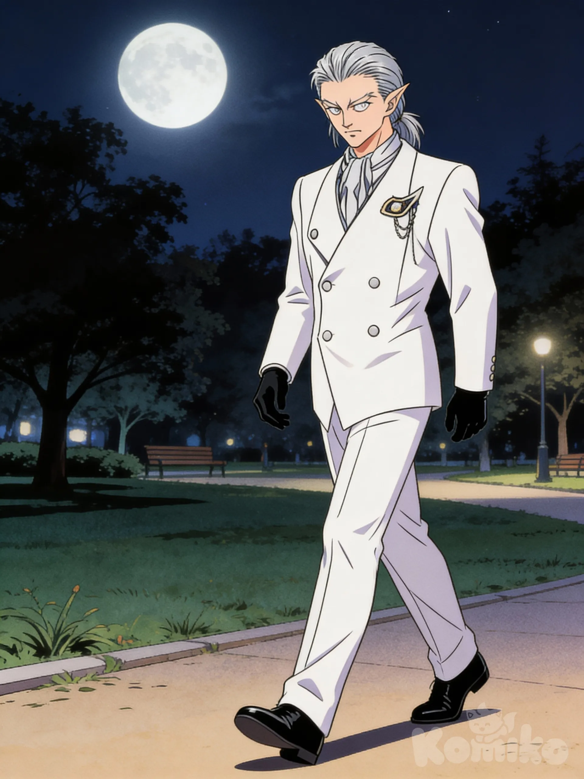 [retro-anime-style] sigue el diceño de la imagen de referencia, el personaje esta caminando por la noche en un parque sin iluminacion mas que la luna , el persoanje tiene el cabello plateado orejas puntiagudas, y viste un traje blanco con zapatos y cuantes negros