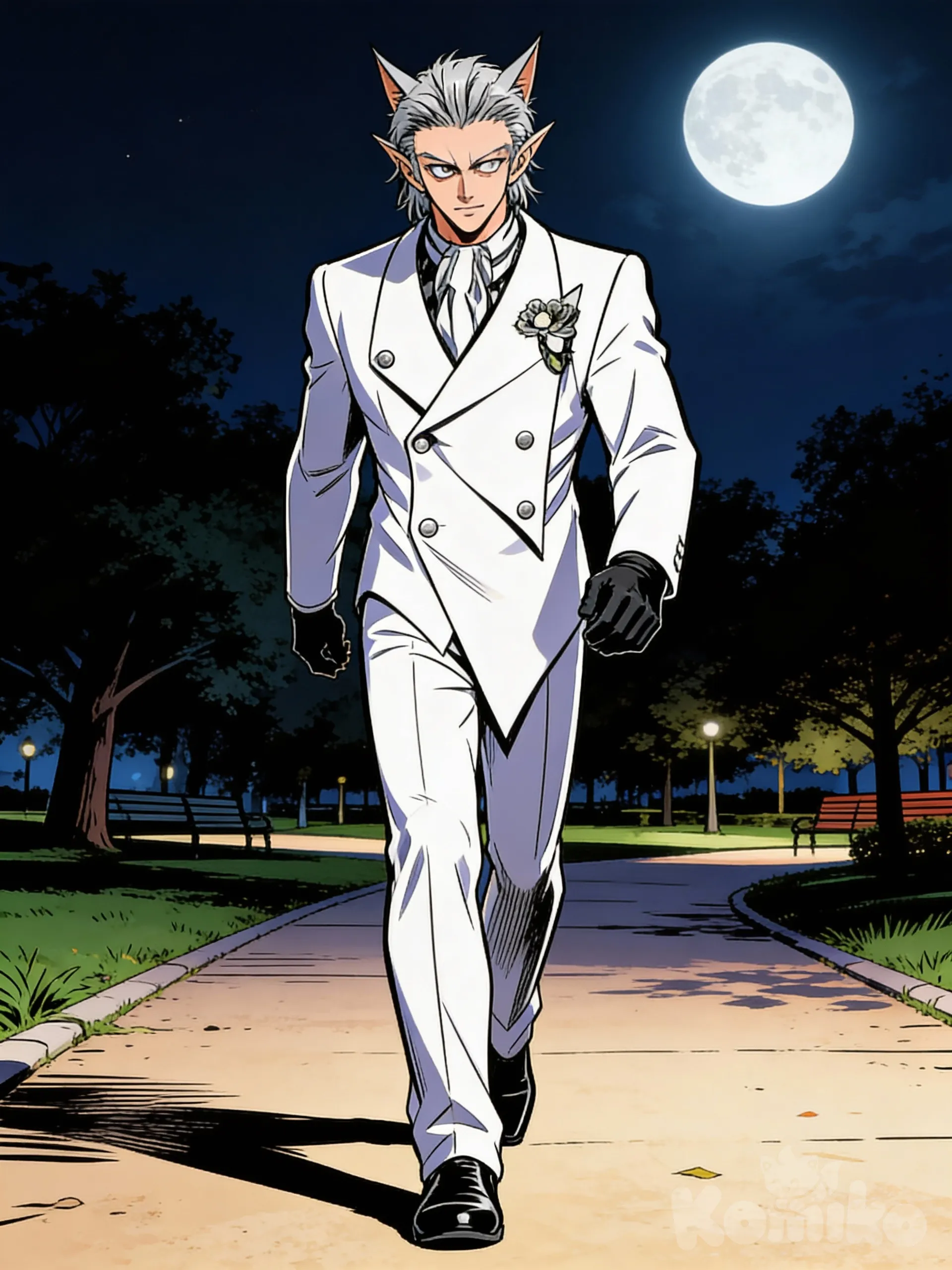 sigue el diceño de la imagen de referencia, el personaje esta caminando por la noche en un parque sin iluminacion mas que la luna , el persoanje tiene el cabello plateado orejas puntiagudas, y viste un traje blanco con zapatos y cuantes negros , [action-manga-style]