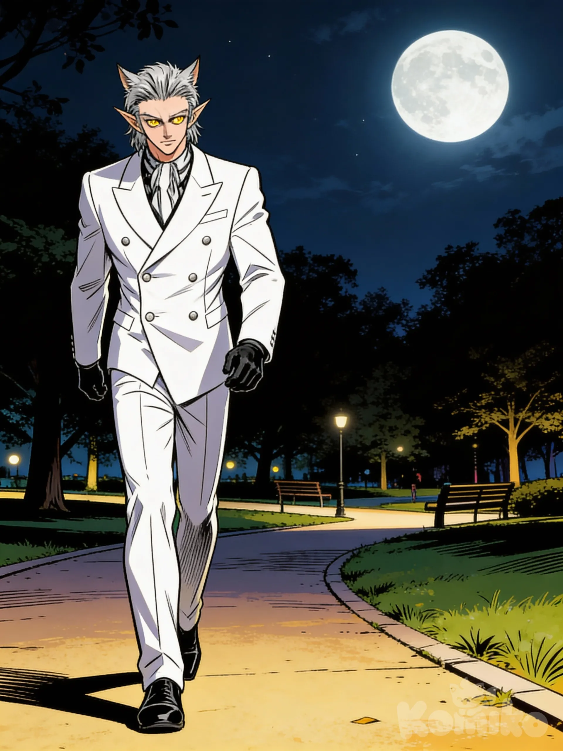 sigue el diceño de la imagen de referencia, el personaje esta caminando por la noche en un parque sin iluminacion mas que la luna , el persoanje tiene el cabello plateado orejas puntiagudas, y viste un traje blanco con zapatos y cuantes negros , [action-manga-style] el personaje es humano , no tiene razgos animales, tiene ojos dorados, cabello plateado