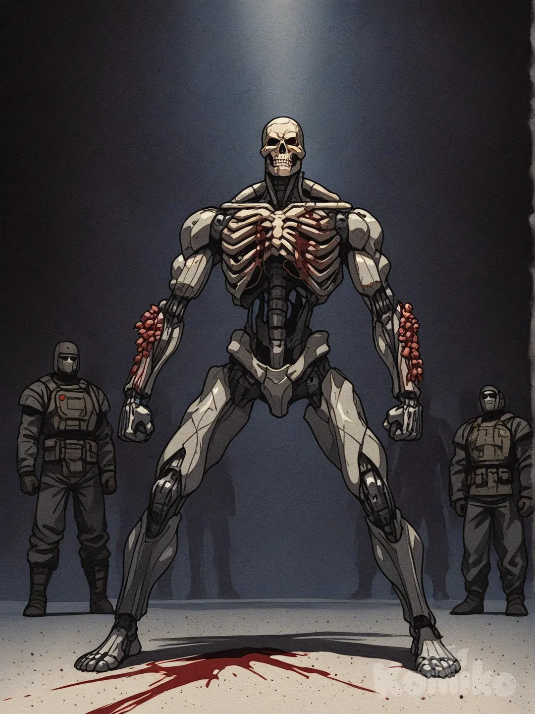 [action-manga-style] dibuja a alkanphel siguiendo la imagen de referencia, alkanphel no es humano no esta disfrazado , 
 alkanphel es visto de frente en pose de 3/4 con los brazos abiertos, las piernas separadas , partio con las manos aun soldado humano por la mitad cada mano sostiene un trozo de el soldado , el cual esta muerto partido en pedazos en una mano sostiene la mitad del torso, del soldado , mientras que la otra mano tiene la otra mitad del torso junto con el otro brazo del soldado , separados de un lado a otro, unidos únicamente por una serie de intestinos, sangre, hilos, de la ropa y tejido muscular. Los huesos son visibles, el soldado se ve de la mitad del tamaño de alkanphel en comparacion uno con el otro . la pose del soldado es visto de espaldas 3/4 , su torzo esta expueto con sus costillas , el brazo hisquierdo del soldado fue arrancado desde el hombro hasta la cadera .