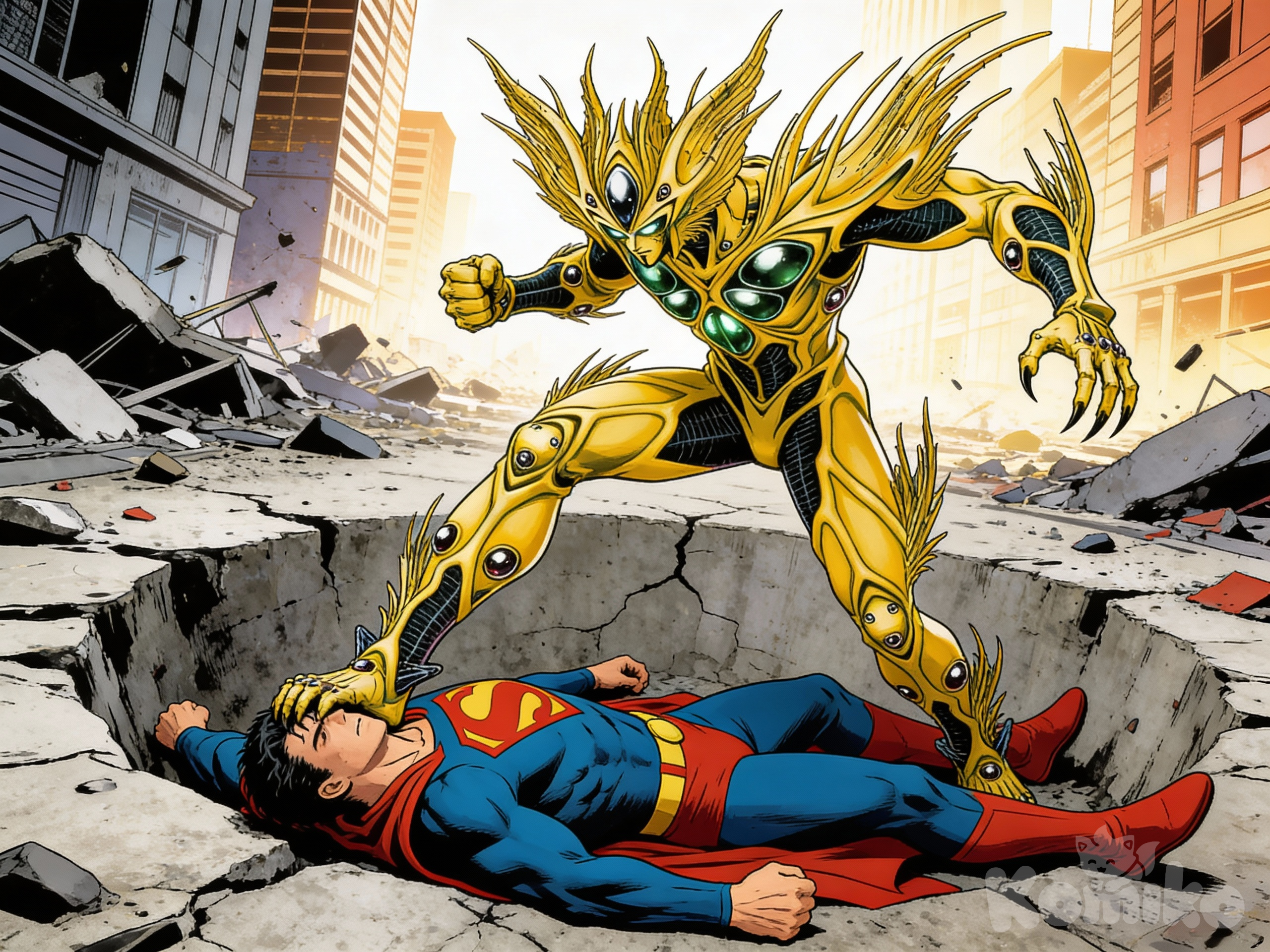 [action-manga-style] {
 "escena": {
 "descripcion": "Enfrentamiento de escala épica entre Alkanphel y Superman en un entorno urbano destruido.",
 "personajes": [
 {
 "nombre": "Alkanphel (Guyver-style)",
 "estado": "Dominante",
 "pose": {
 "cuerpo": "Inclinado hacia adelante en una postura de poder y ejecución.",
 "accion_principal": "Pisa con fuerza extrema la cabeza de Superman, enterrándola en el pavimento.",
 "extremidades_superiores": "Brazos flexionados y tensos, sugiriendo un esfuerzo físico masivo.",
 "extremidades_inferiores": "Pierna derecha completamente extendida descargando el peso sobre la víctima; pierna izquierda flexionada para mantener el equilibrio."
 }
 },
 {
 "nombre": "Superman",
 "estado": "Derrotado",
 "pose": {
 "cuerpo": "Yaciendo de espaldas sobre un suelo de concreto destrozado.",
 "cabeza": "Sometida bajo el pie del oponente, presionada contra el cráter del impacto.",
 "expresion": "Gesto de dolor y derrota absoluta.",
 "extremidades": "Brazos y piernas extendidos de forma inerte sobre los escombros."
 }
 }
 ],
 "entorno": {
 "ubicacion": "Calle urbana o zona de combate exterior.",
 "detalles": [
 "Suelo agrietado con un cráter profundo bajo la cabeza de Superman.",
 "Escombros de concreto y rocas esparcidas por el impacto.",
 "Fondo con edificios dañados y ventanas rotas que refuerzan la violencia del encuentro."
 ]
 },
 "estilo_visual": {
 "tipo": "Ilustración detallada de estilo Bio-Booster Armor Guyver.",
 "iluminacion": "Contrastes marcados que resaltan la armadura biomecánica dorada y la musculatura del héroe caído.",
 "composicion": "Plano medio-bajo para enfatizar la superioridad física de Alkanphel."
 }
 }
}