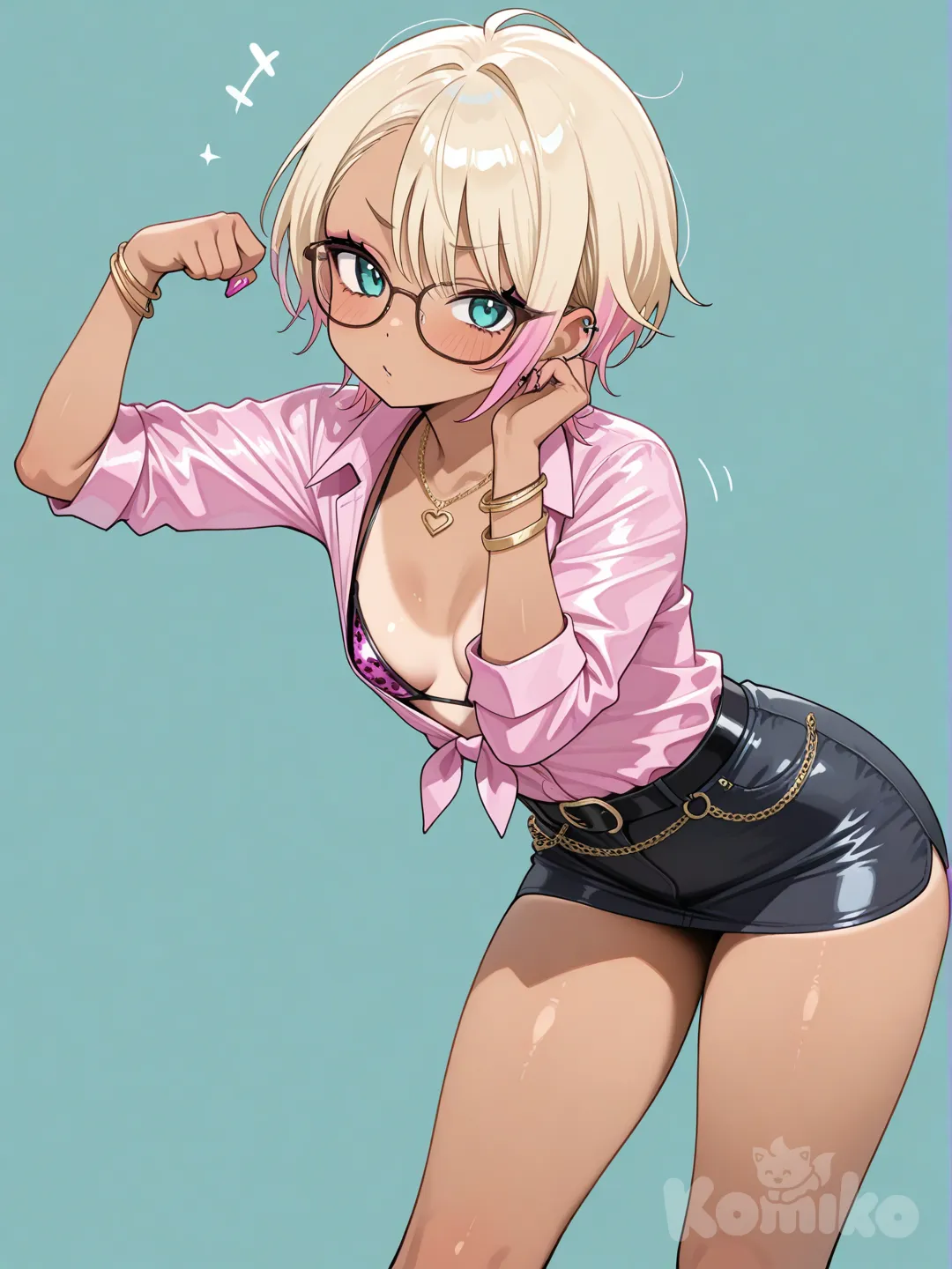 gyaru, gyaru outfit, light blong hair, teal eyes, short hair, tanned skin, accidental exposure, cute pose, small breasts, slender, glasses, kogal