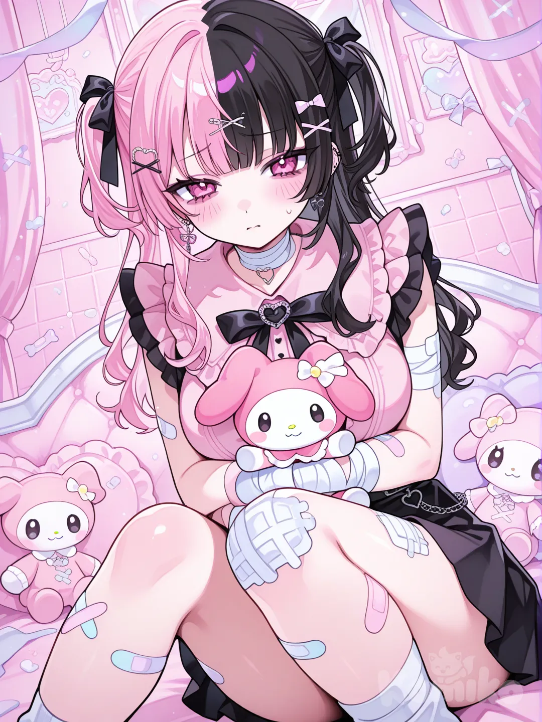 two tone hair, half blackhair, half pink hair, pink eyes, slender, large breasts, in an all pink room making a cute pose holding her my melody plushie, jirai kei, “menhera girl, yami kawaii aesthetic, pastel pink palette, cute anime style, bandages, plasters, medical motif, soft shading, sad but cute expression