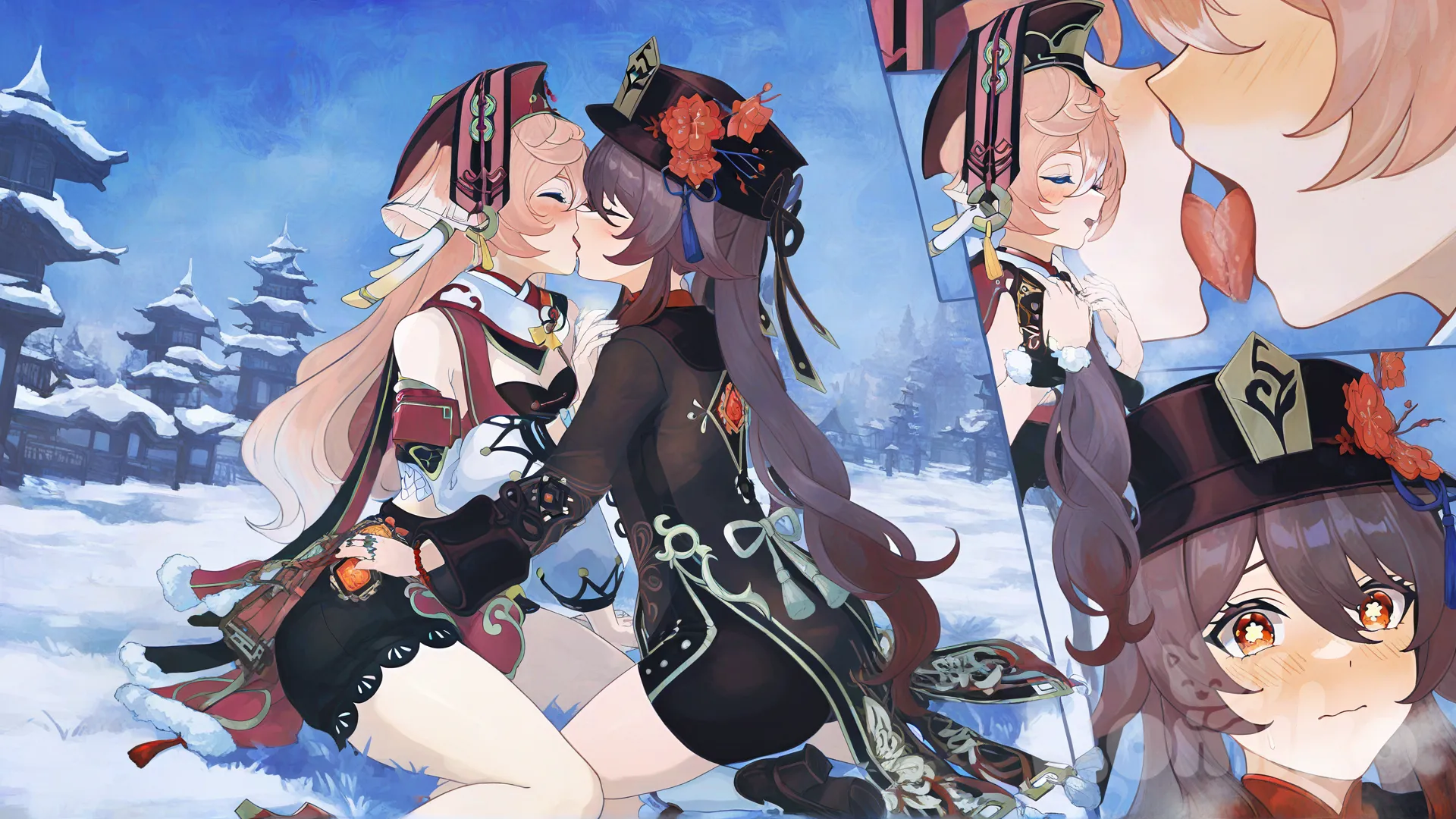 shy, Big thighs, big ass, snow, [watercolor-illustration-style], @Hu_Tao_(Genshin_Impact), @Yanfei_(Genshin_Impact), french kiss, lesbian, novel illustration