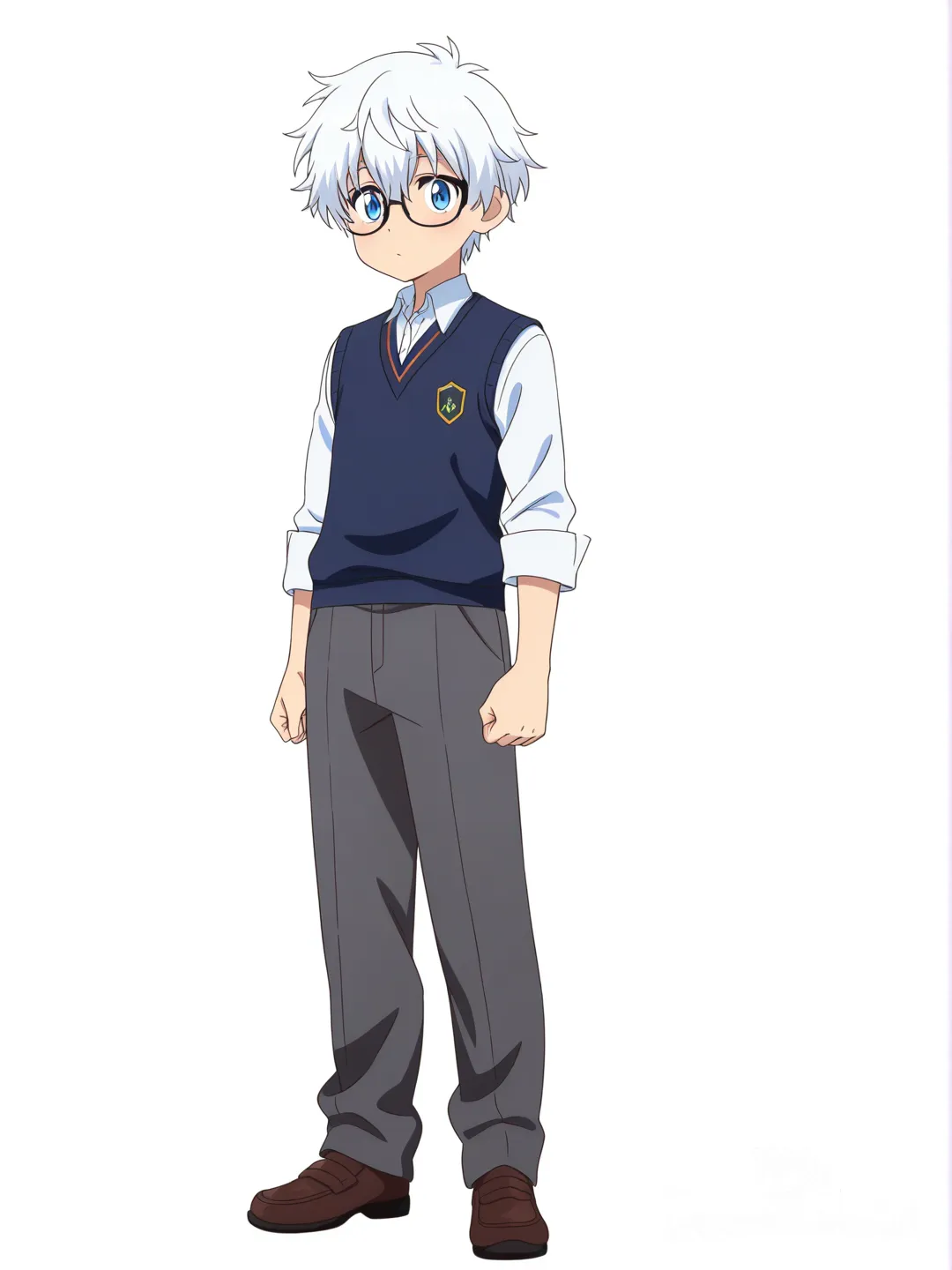 [pop-anime-style] 1boy, teenager, athletic build, short hair, white hair, blue eyes, fair skin, glasses, school vest, casual pants, single character, full body, looking at viewer, anime style, simple background, white background