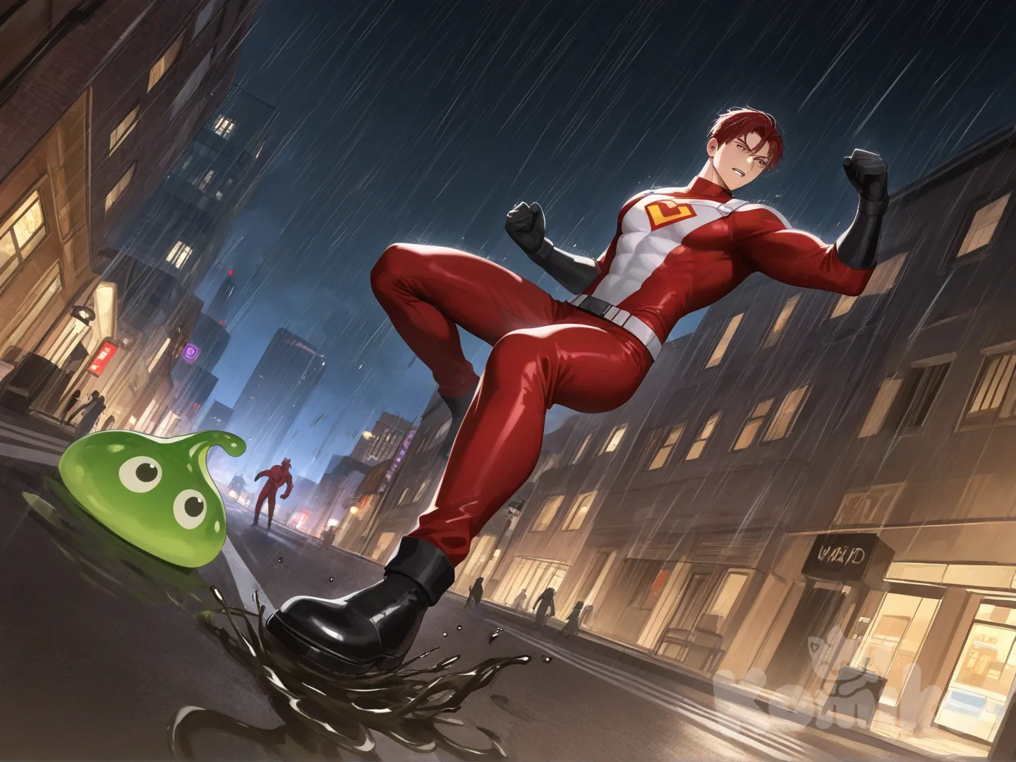 1boy, 1boy, 2people, fighting, superhero vs villain, superhero vs monster, human vs monster, confront, main street, from below

Characters :
First person : Derek Kingsfield : 28, has a short dark red hair, brown eyes, tan skin, black gloves, he's wearing three tone red with black and white strap tight suit , superhero suit, adult, [serious-man-style], full body, central city background, wet, superhero, fighting stance,

Second person : monster, villain, green slime, liquid gell, ball eyes, tentacles, gooey
