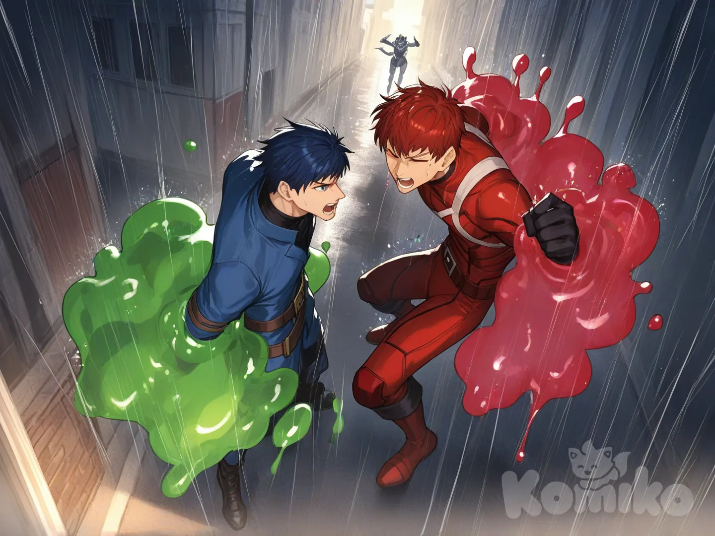 1boy, 1boy, 1boy, 3people, fighting, Double hero, superhero vs villain, superhero vs monster, human vs monster, standing side to side, confront the villian, on the main street, rainy, gathering together, bird's-eye view, 

Characters :
First person : Derek Kingsfield, 28, has a short dark red hair, brown eyes, tan skin, black gloves, he's wearing three tone red with black and white strap tight suit, superhero suit, adult, [serious-man-style], full body, central city background, wet, superhero, main superhero, eyes closed, captured, 

Second person : Ike, fire emblem, muscular, has a short dark blue hair, blue eyes, light skin, black gloves, he's wearing three tone blue with black and white strap tight suit, superhero suit, adult, [serious-man-style], full body, central city background, wet, superhero sidekick, partner, subordinate, eyes closed, captured, 

Third person : monster, villain, green slime, liquid gell, angry, red eyes, tentacles, dangerous, attack, catch