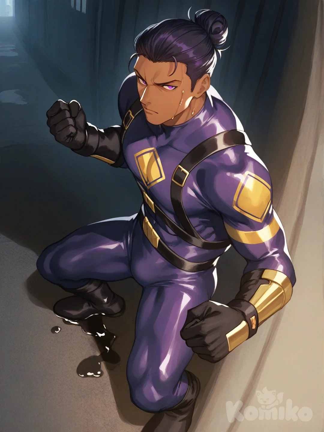 1boy, fighting, superhero, in city sewer,

Characters :
First person : Zayne Alexander, Jock Studio, has purple man bun hair, purple eyes, dark skin, muscular, tall, black gloves, he's wearing three tone purple with silver and gold strap tight suit, superhero suit, adult, [serious-man-style], full body, sewer background, wet, superhero, clenched fist, stance, distance, looking at viewer, standing