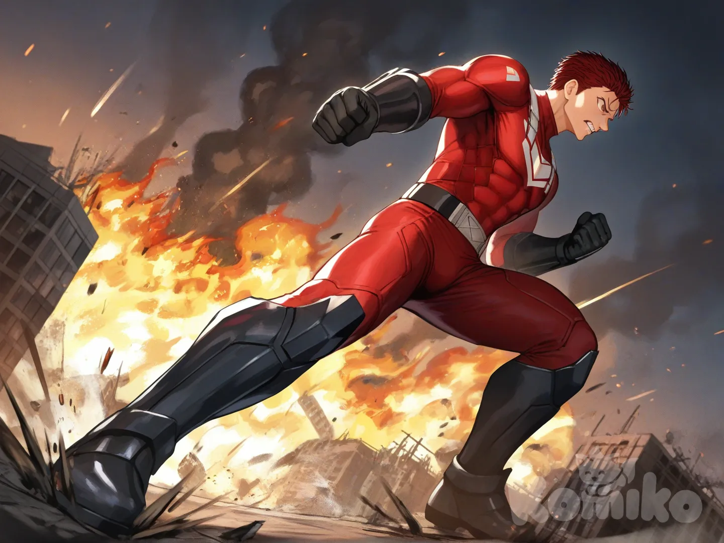 2people, superhero vs villain, superhero vs monster, rampage, city, ground, burning building, confront, from below, 

Characters:
Main character: Superhero, Derek Kingsfield, Jock Studio, giant body, short dark red hair, brown eyes, warm peach skin tone, black gloves, he's wearing three tone red with black and white strap tight suit, superhero suit, [serious-man-style], full body, 

Another character: Villain, armored giant, stan on two legs, full body, rampage, push pull