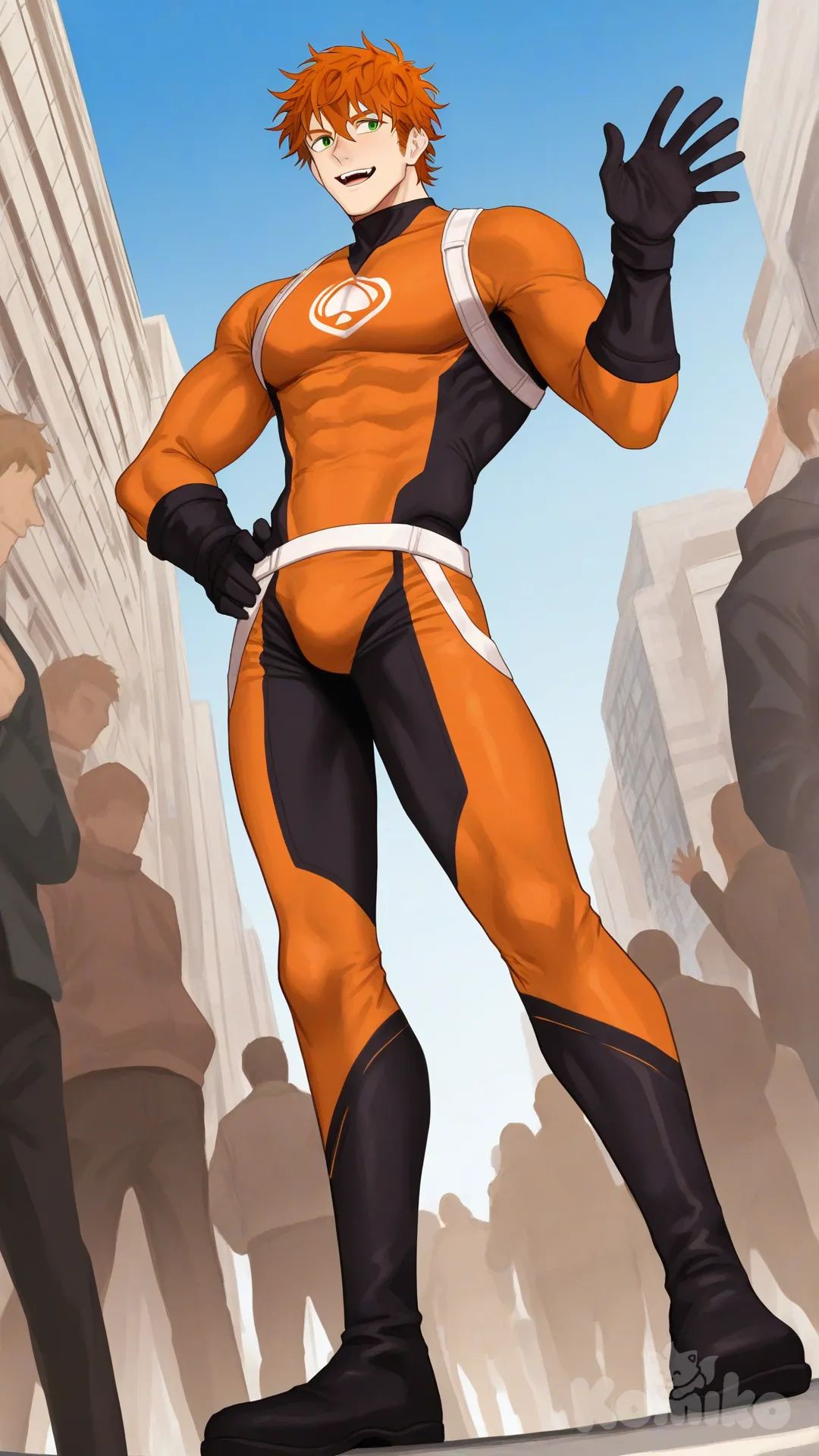 1boy, solo, from below, city, main street, surrounded by citizen, cheering by citizen,

Characters:
First character: Superhero, Bryce Callahan, Jock Studio, muscular body, green eyes, messy orange hair, fair skin tone, black gloves, he's wearing three tone orange with white and black strap tight suit, superhero suit, [serious-man-style], full body, standing, wave one hands, one hands on hips, smile, open mouth, looking away