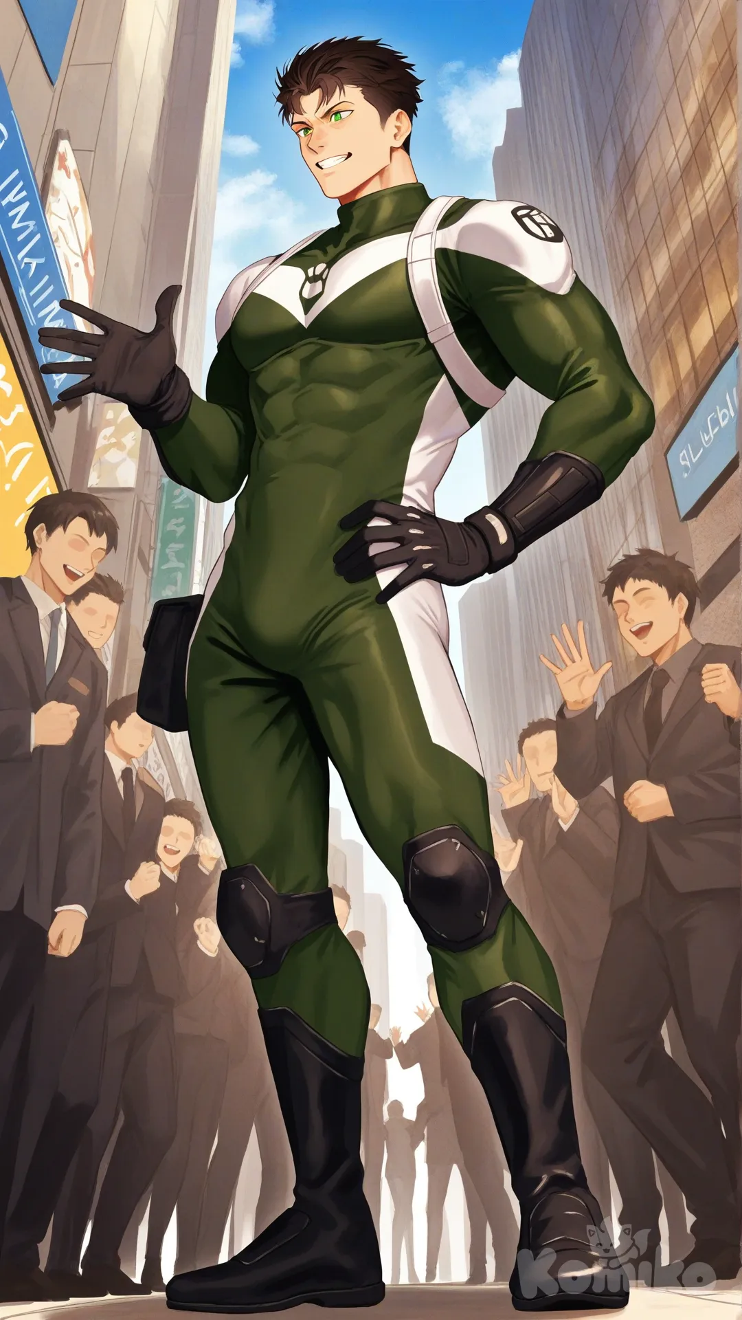 1boy, solo, from below, city, main street, surrounded by citizen, cheering by citizen,

Characters:
First character: Superhero, Matt Carter, Jock Studio, atletic body, olive hair color short quiff, green eyes, medium skin tone, black gloves, he's wearing three tone green with black and white strap tight suit, superhero suit, [serious-man-style], full body, standing, wave one hands, one hands on hips, smile, looking away, clenched teeth