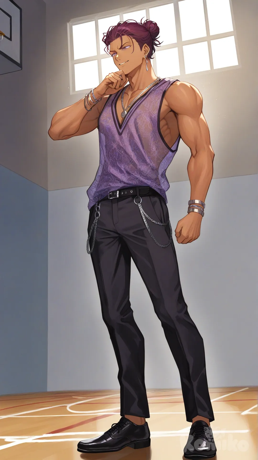1boy, solo, from below, basketball indoor field, 

Charactes: 
first person: Zayne Alexander, Jock Studio, purple man bun hair, purple eyes, dark skin tone, muscular body, [serious-man-style], full body, standing, wears purple satin see-through deep-V neckline with a wavy design, wears black trousers, gold chains across his shoulders, gold belt chain, gold necklace, ear ring on his left ear, gold bracelets, thin smile, right hand on own chin, left hands on own chest