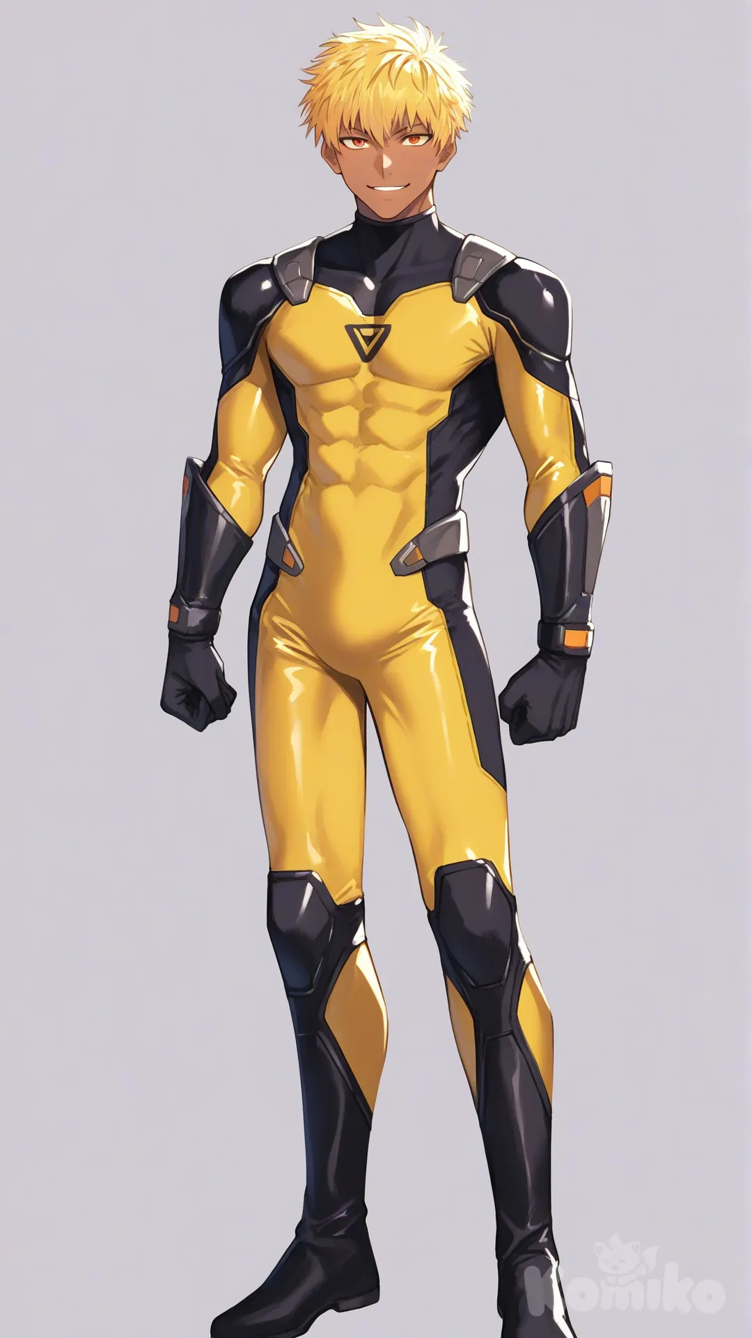 1boy, solo, white background, front profile photo,

Characters:
First person: Superhero, Leo Mendez, Jock Studio, fibrant yellow hair color, large orange eyes, medium skin tone, slim body, he's wearing three tone yellow with black and white strap tight suit, superhero suit, black gloves,[serious-man-style], standing, full body, smile, front body pose, looking at viewer