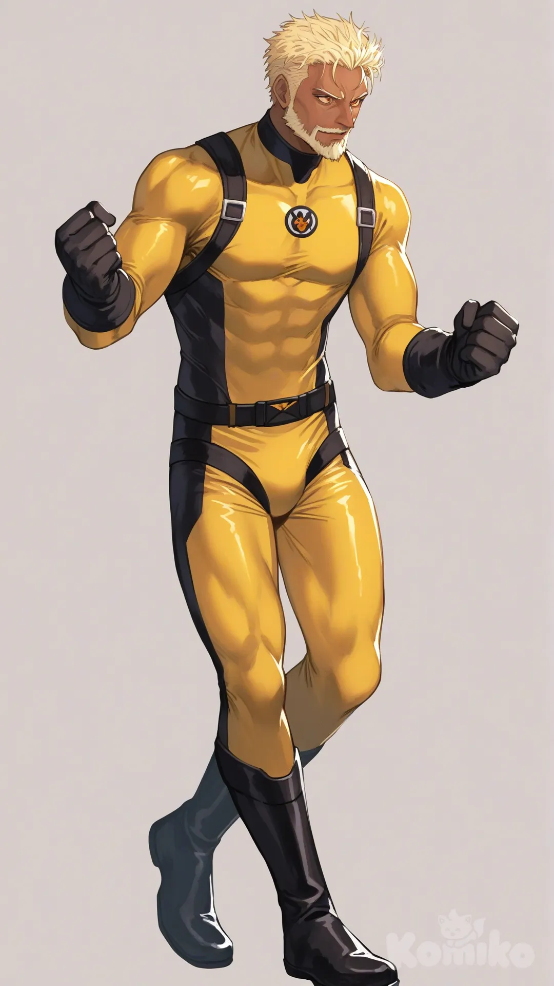 1boy, solo, white background, front profile photo,

Characters:
First person: Superhero, Leo Mendez, Jock Studio, fibrant yellow hair color, large orange eyes, medium skin tone, slim body, mature, bearded, he's wearing three tone yellow with black and white strap tight suit, superhero suit, black gloves,[serious-man-style], standing, full body, fighting stance